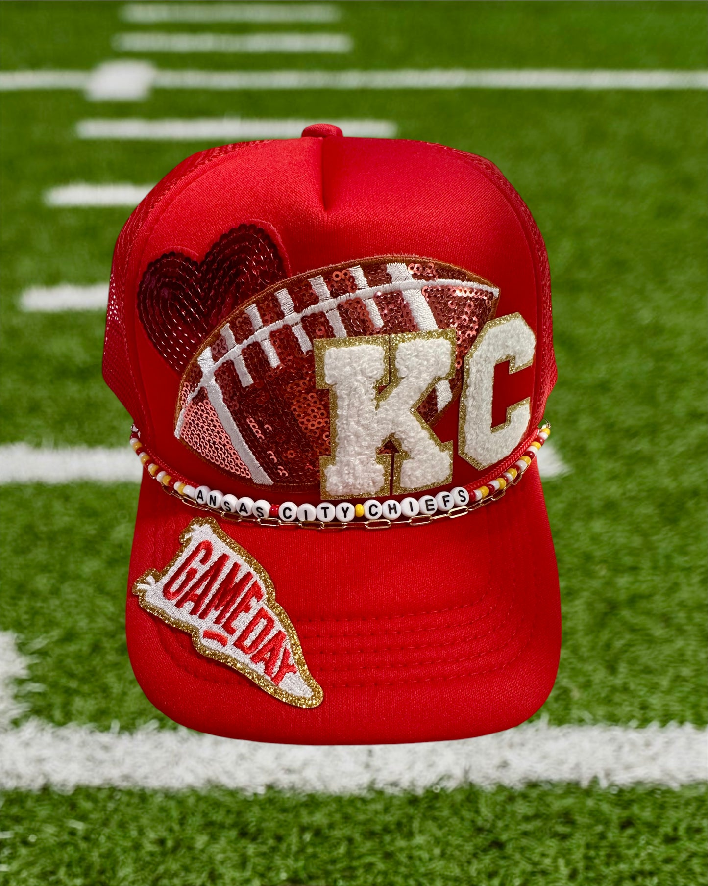 Heart of Kansas City Chiefs GameDay Trucker Hat with Beaded Hat Belt and Paperclip Chain