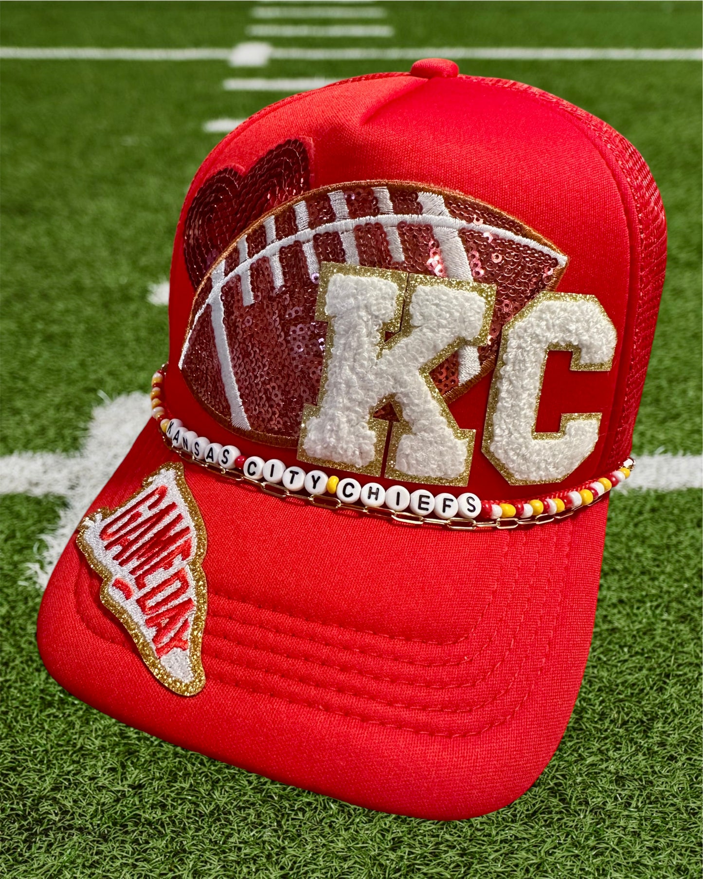 Heart of Kansas City Chiefs GameDay Trucker Hat with Beaded Hat Belt and Paperclip Chain