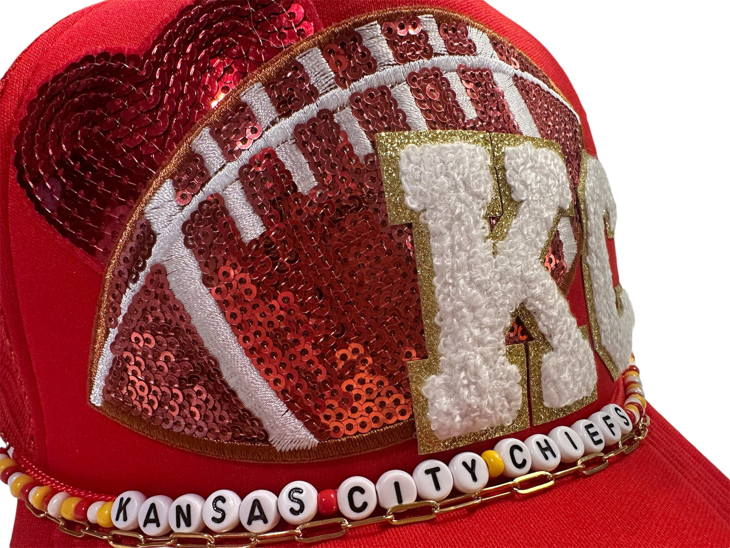 Heart of Kansas City Chiefs GameDay Trucker Hat with Beaded Hat Belt and Paperclip Chain