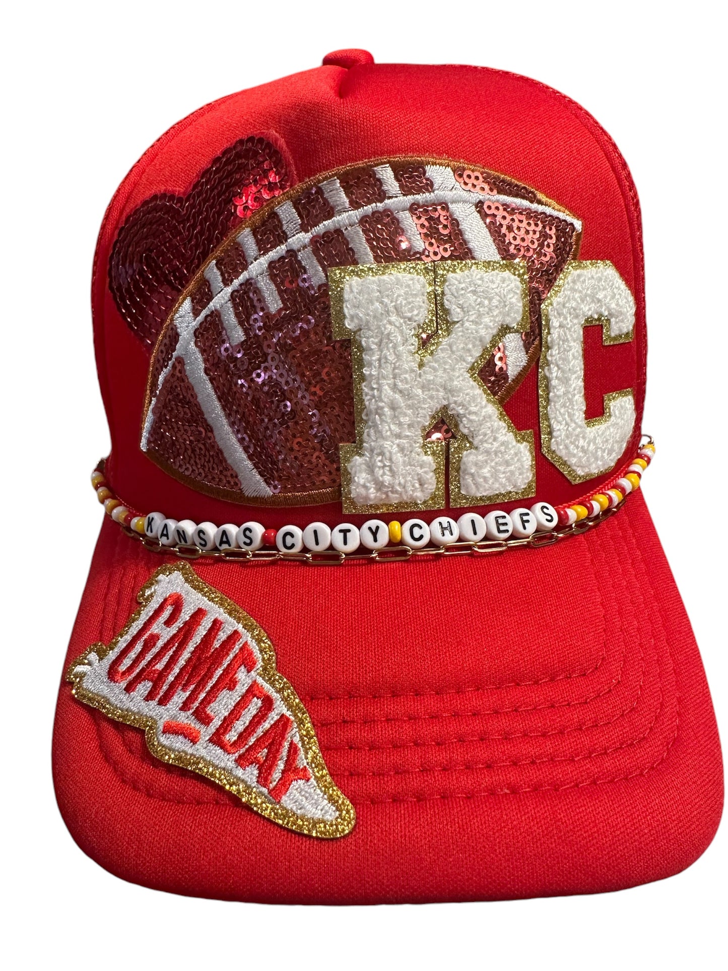 Heart of Kansas City Chiefs GameDay Trucker Hat with Beaded Hat Belt and Paperclip Chain