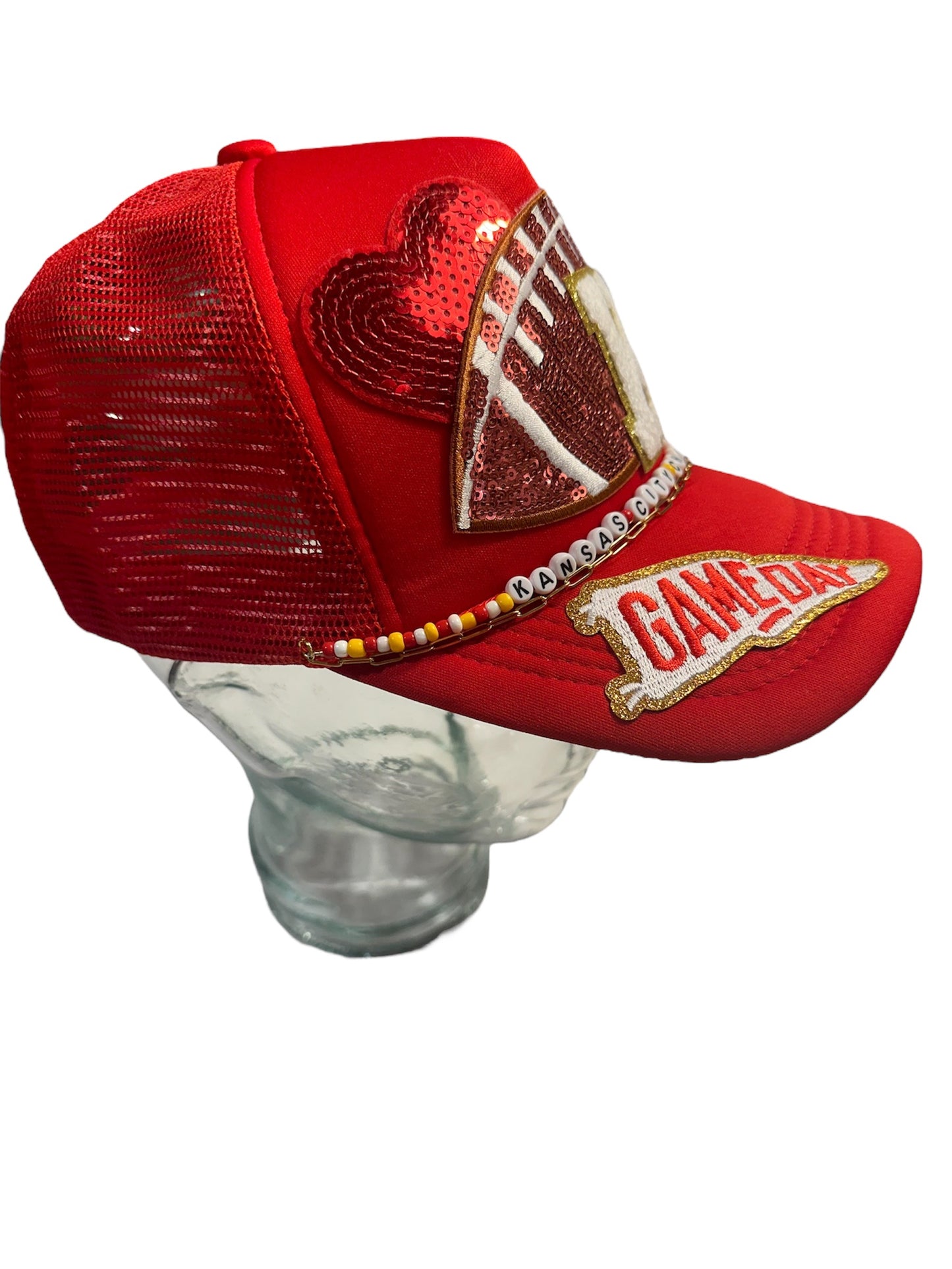 Heart of Kansas City Chiefs GameDay Trucker Hat with Beaded Hat Belt and Paperclip Chain