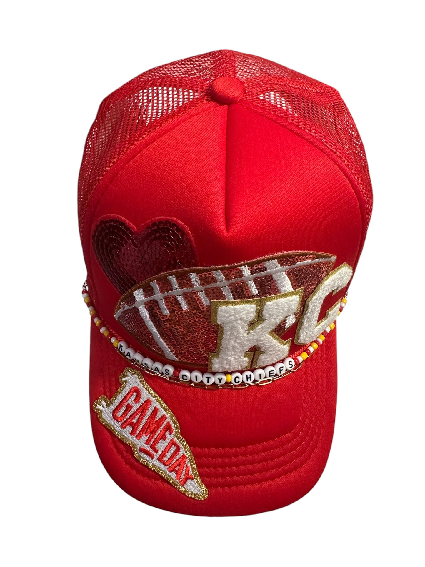 Heart of Kansas City Chiefs GameDay Trucker Hat with Beaded Hat Belt and Paperclip Chain