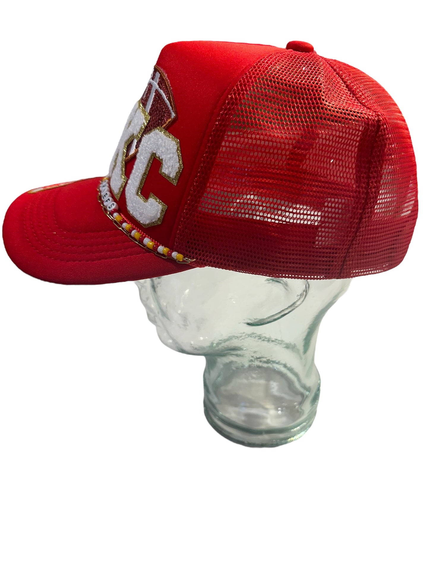 Heart of Kansas City Chiefs GameDay Trucker Hat with Beaded Hat Belt and Paperclip Chain