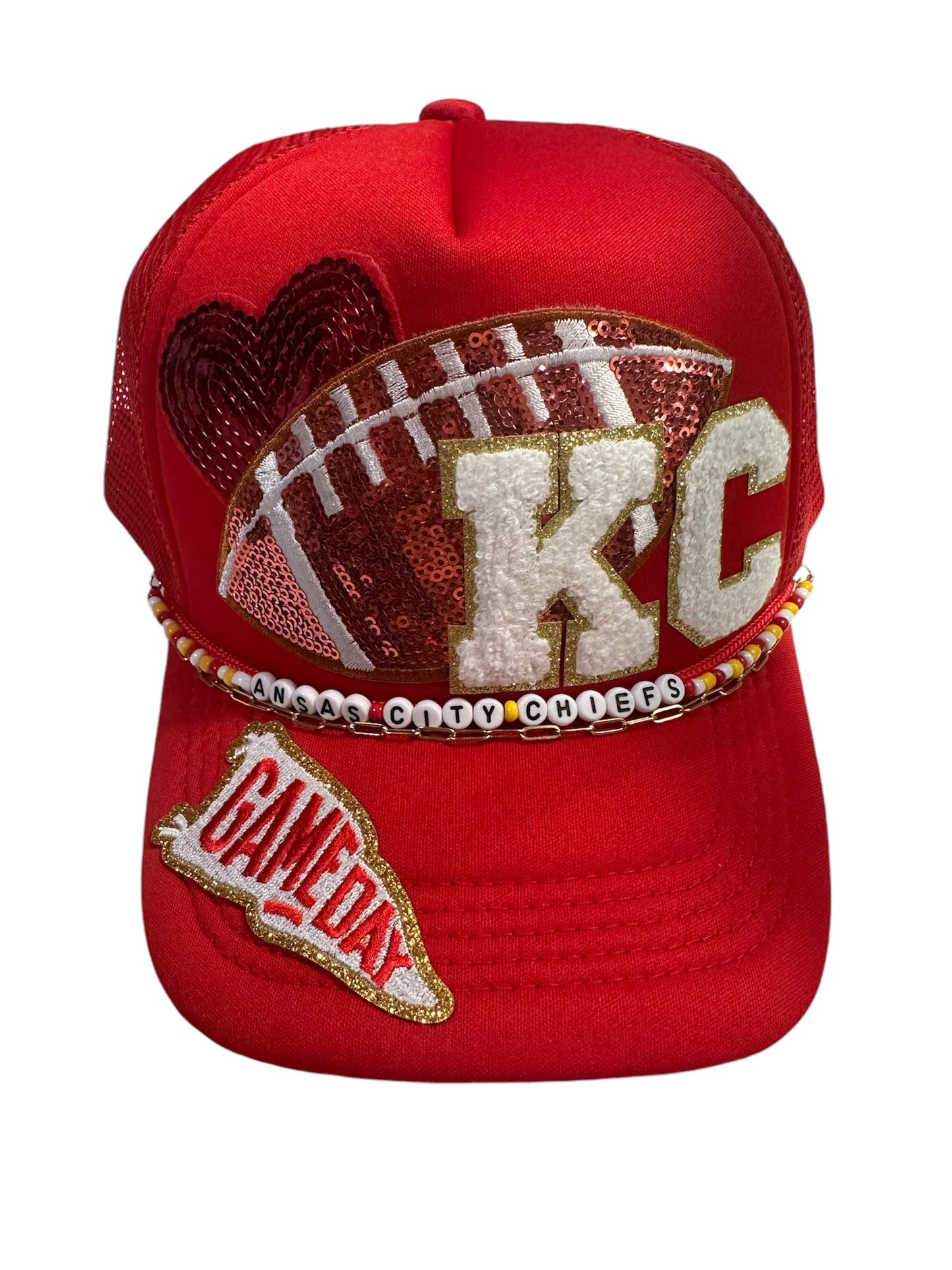 Heart of Kansas City Chiefs GameDay Trucker Hat with Beaded Hat Belt and Paperclip Chain