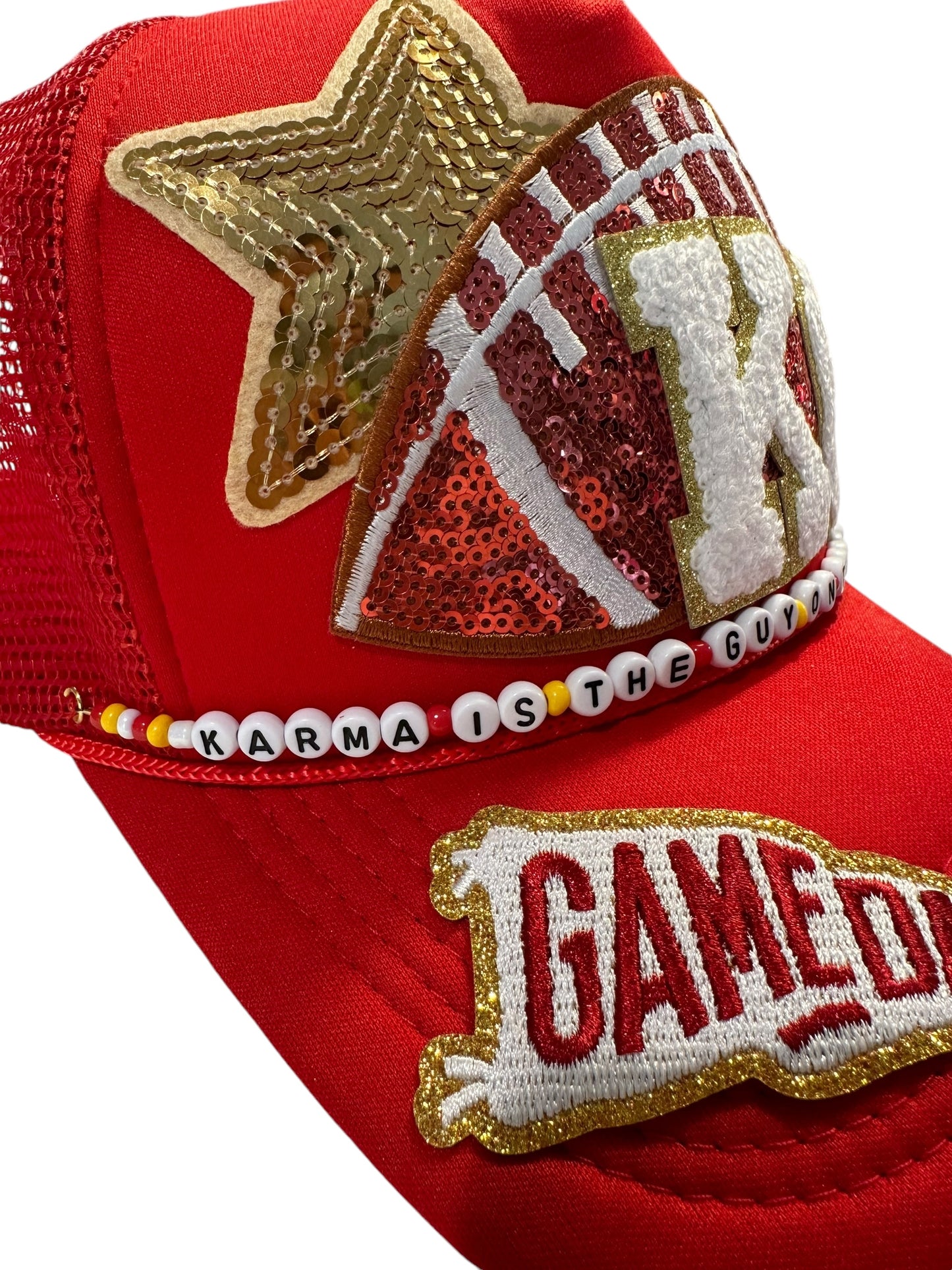 Karma Is The Guy On The Chiefs Trucker Hat with Beaded Hat Belt