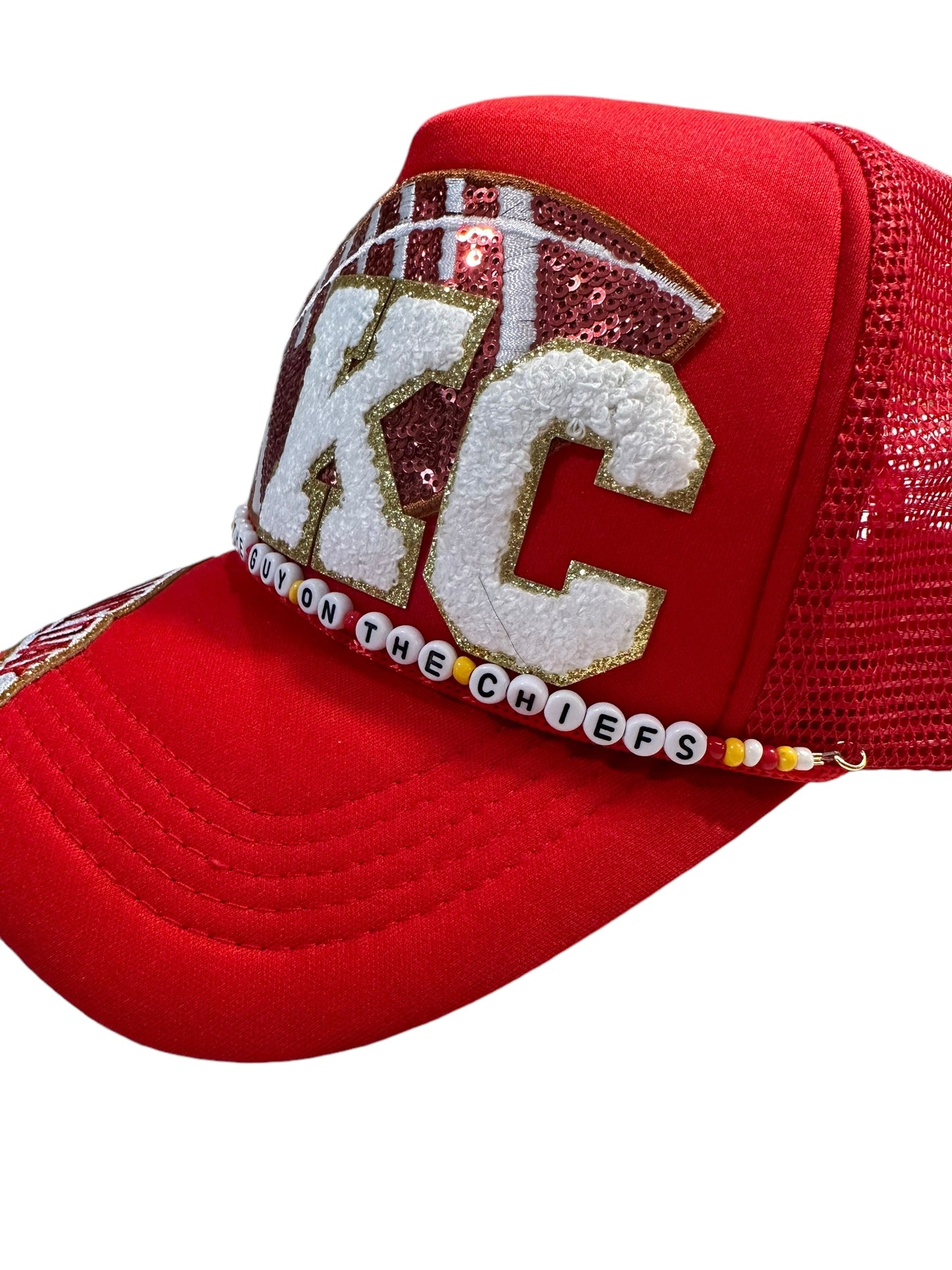 Karma Is The Guy On The Chiefs Trucker Hat with Beaded Hat Belt