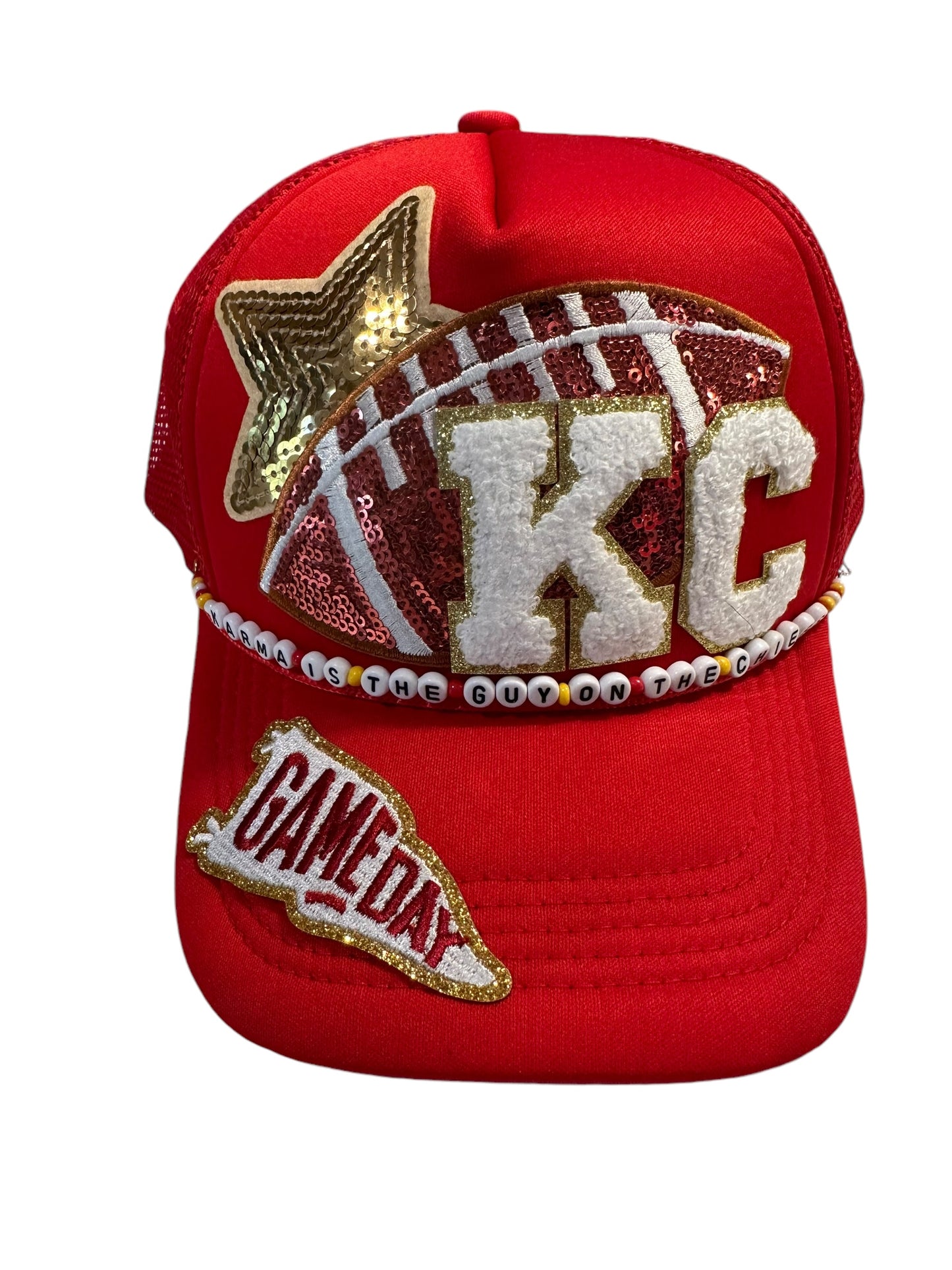 Karma Is The Guy On The Chiefs Trucker Hat with Beaded Hat Belt