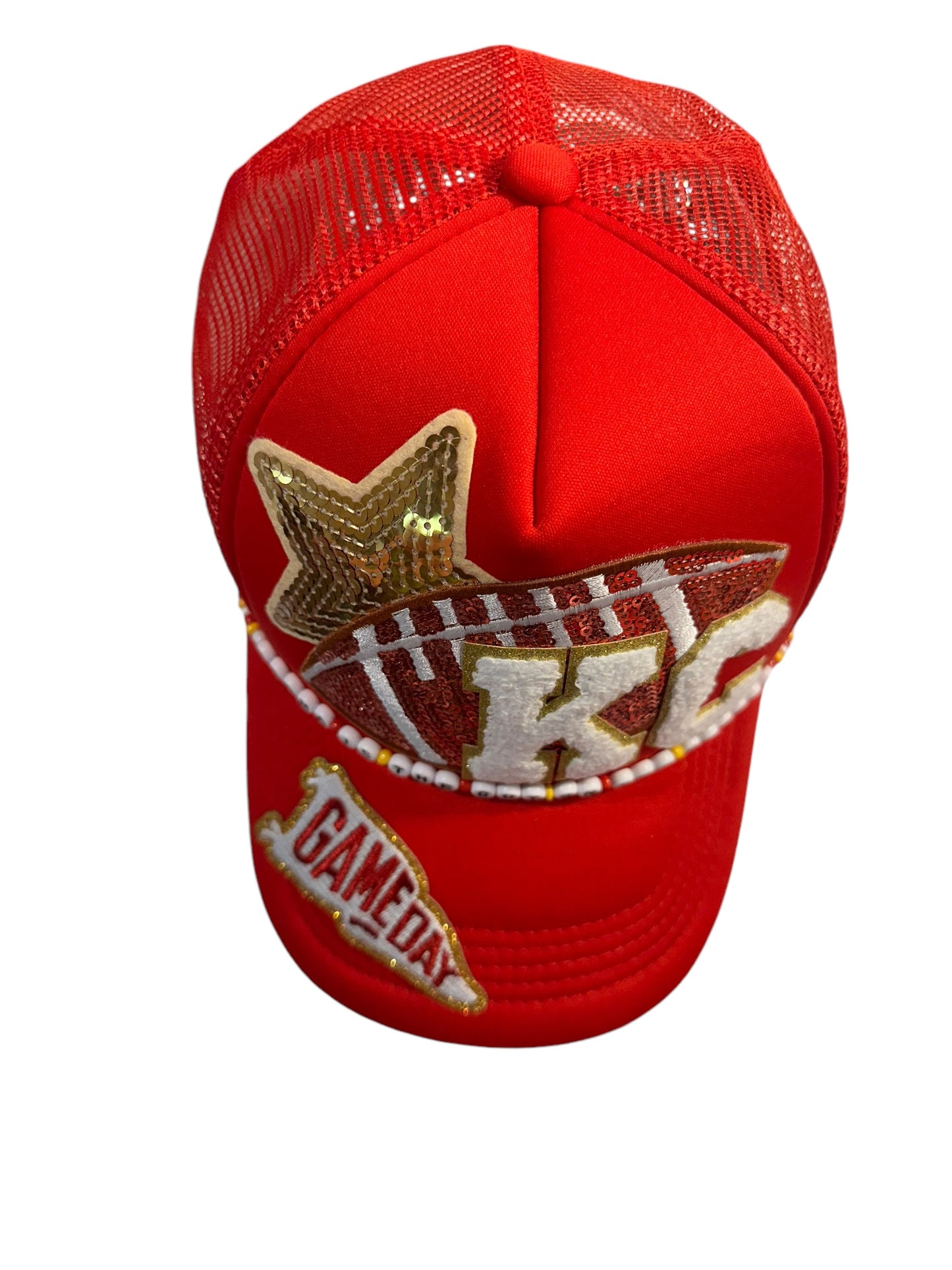 Karma Is The Guy On The Chiefs Trucker Hat with Beaded Hat Belt