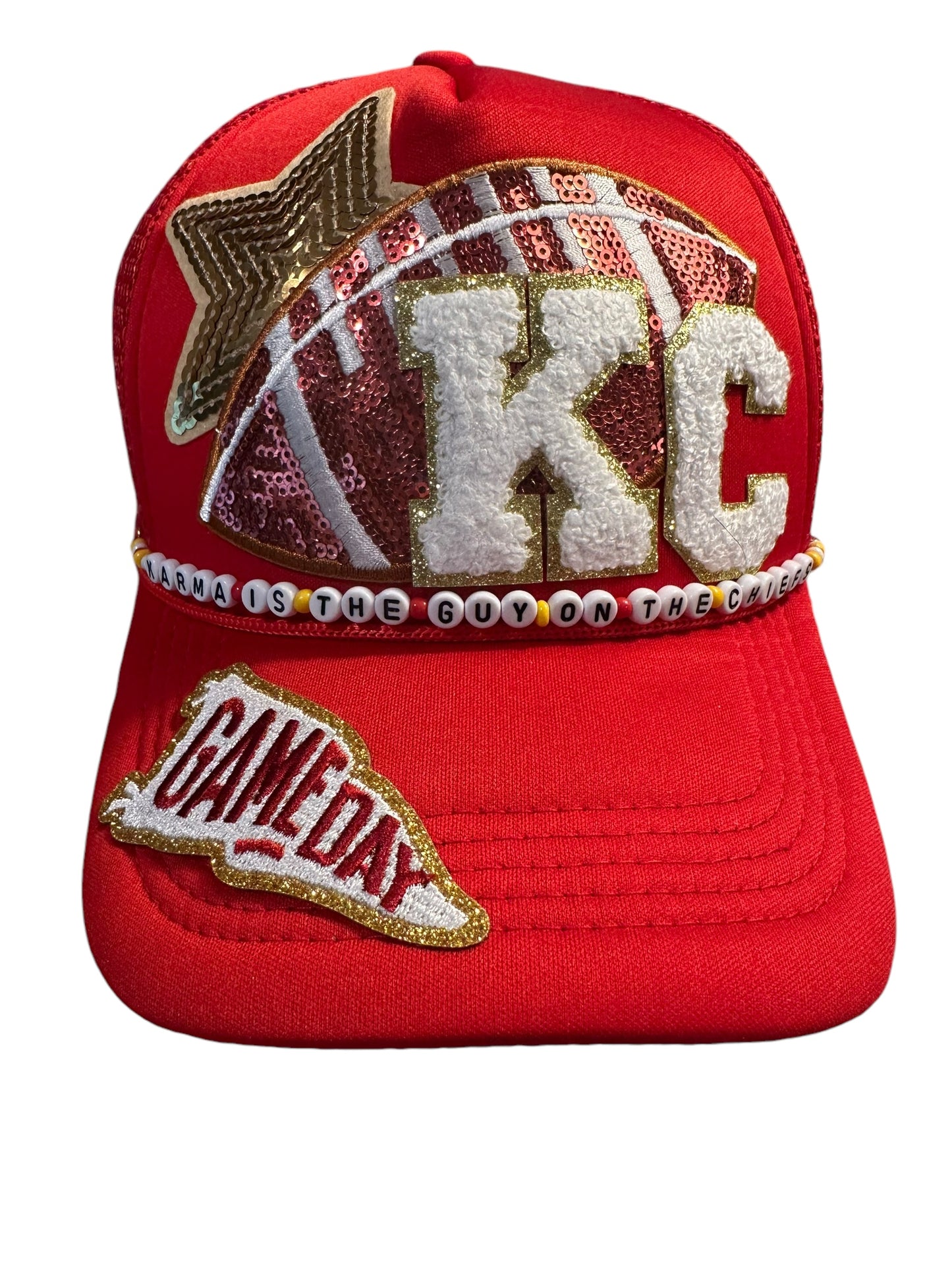 Karma Is The Guy On The Chiefs Trucker Hat with Beaded Hat Belt