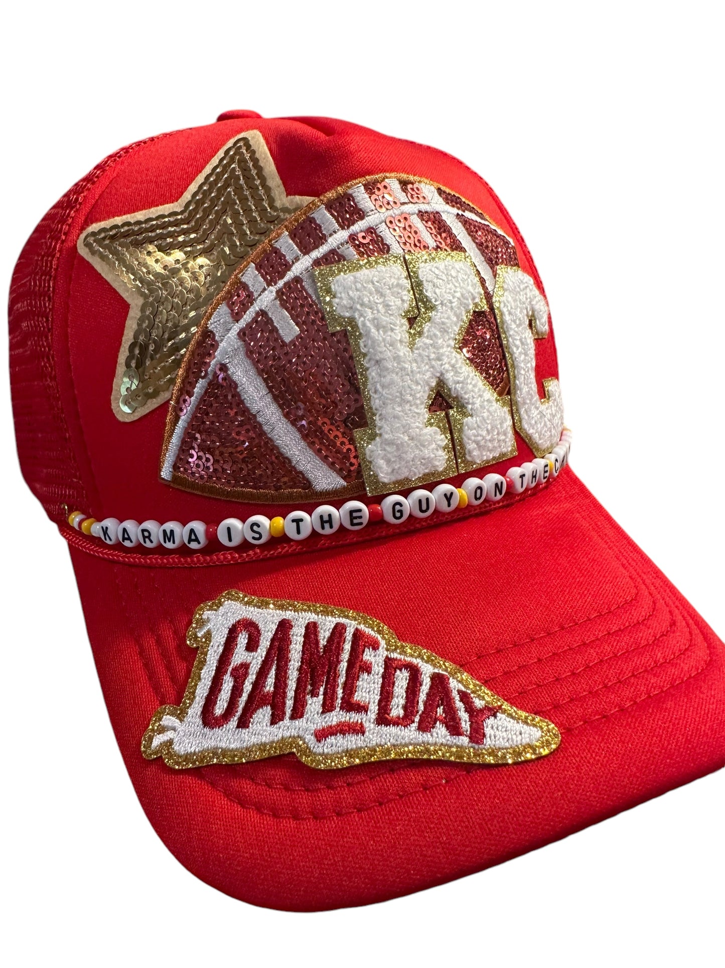 Karma Is The Guy On The Chiefs Trucker Hat with Beaded Hat Belt