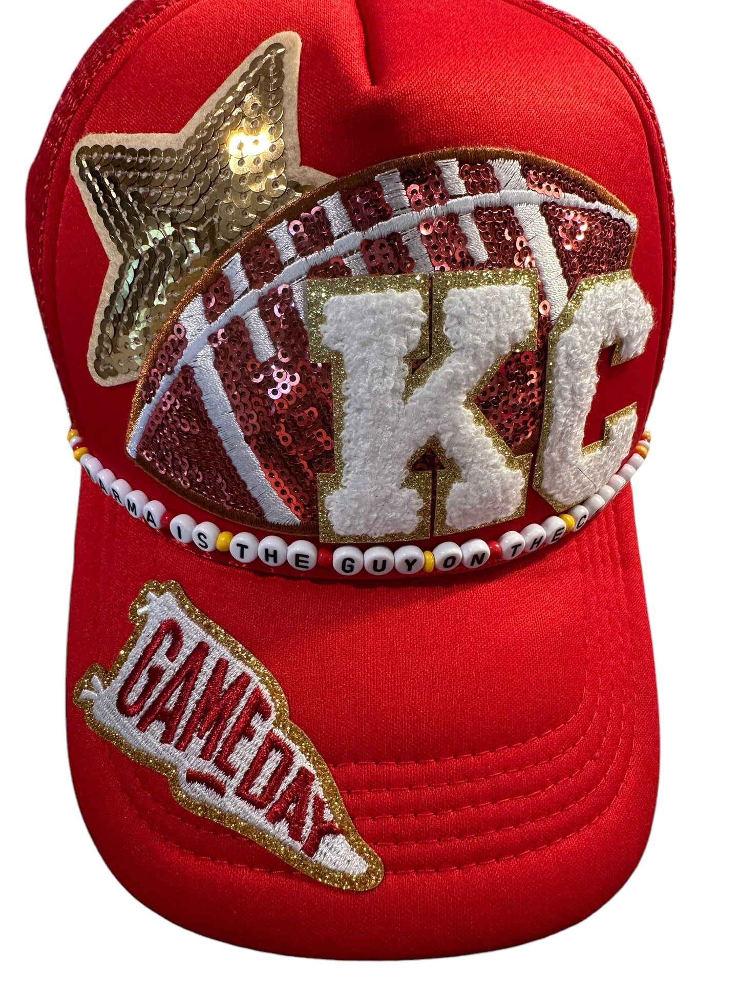 Karma Is The Guy On The Chiefs Trucker Hat with Beaded Hat Belt