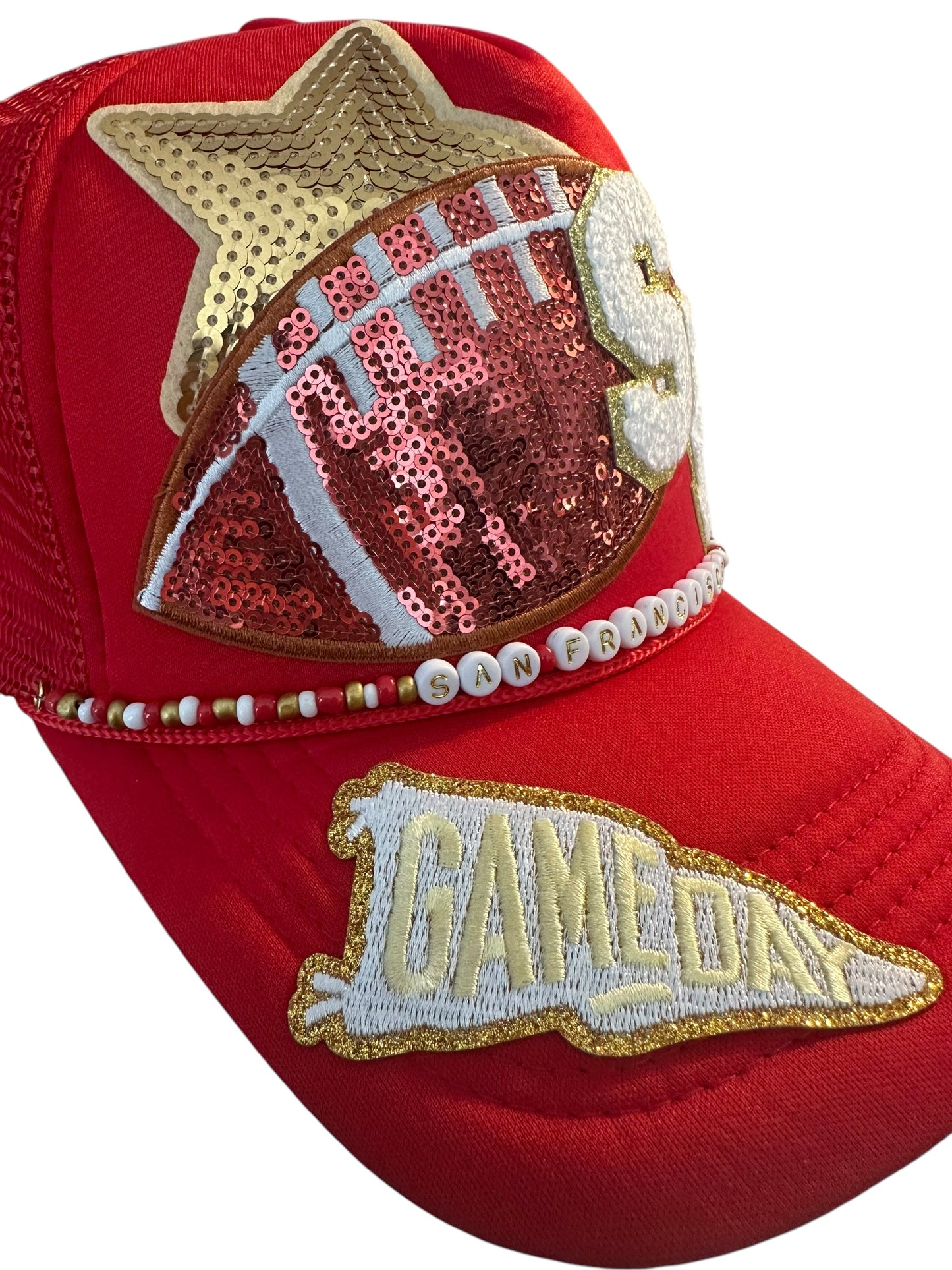 Sequin San Francisco 49ers GameDay Trucker Hat with Beaded Hat Belt