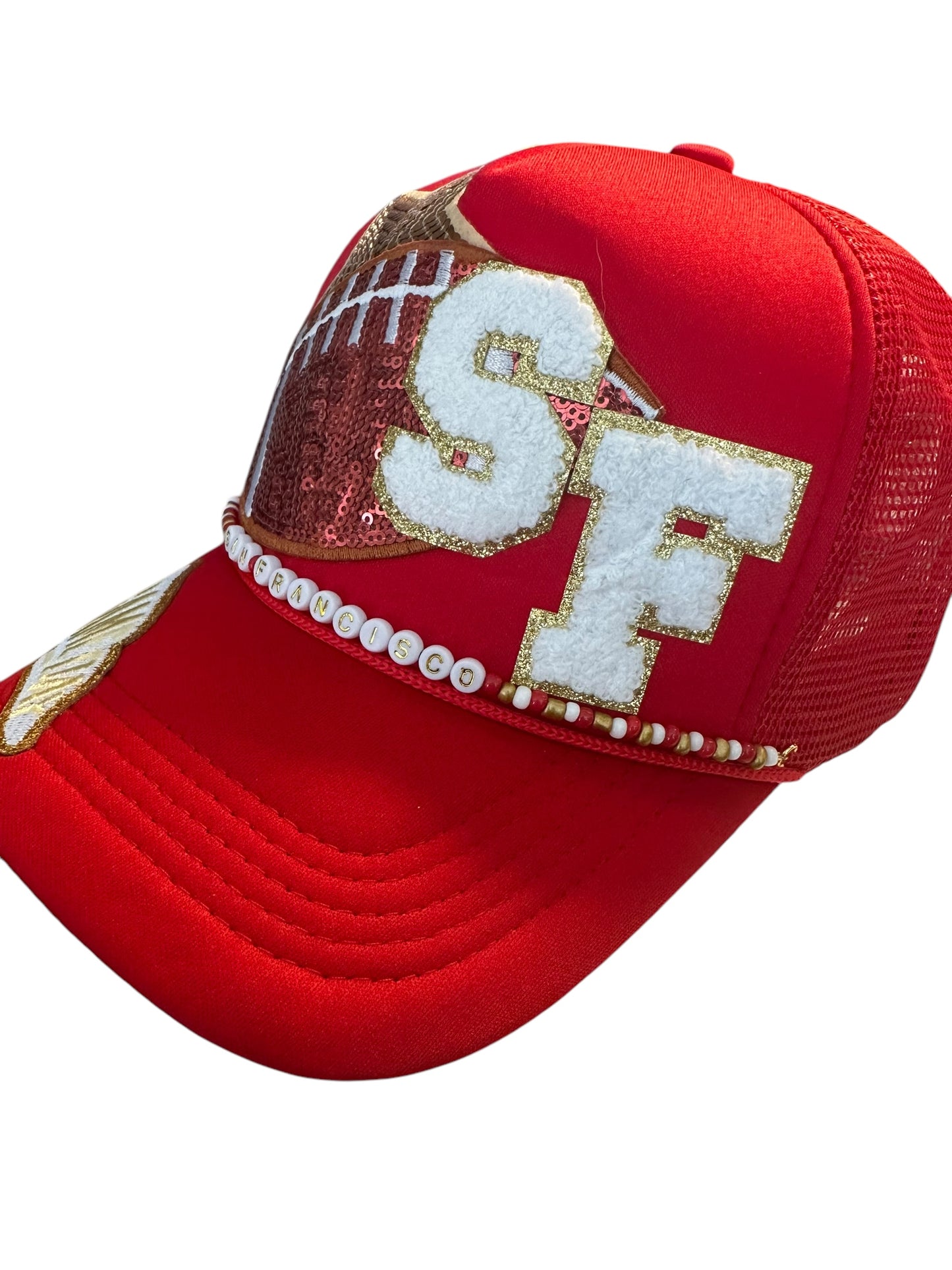 Sequin San Francisco 49ers GameDay Trucker Hat with Beaded Hat Belt