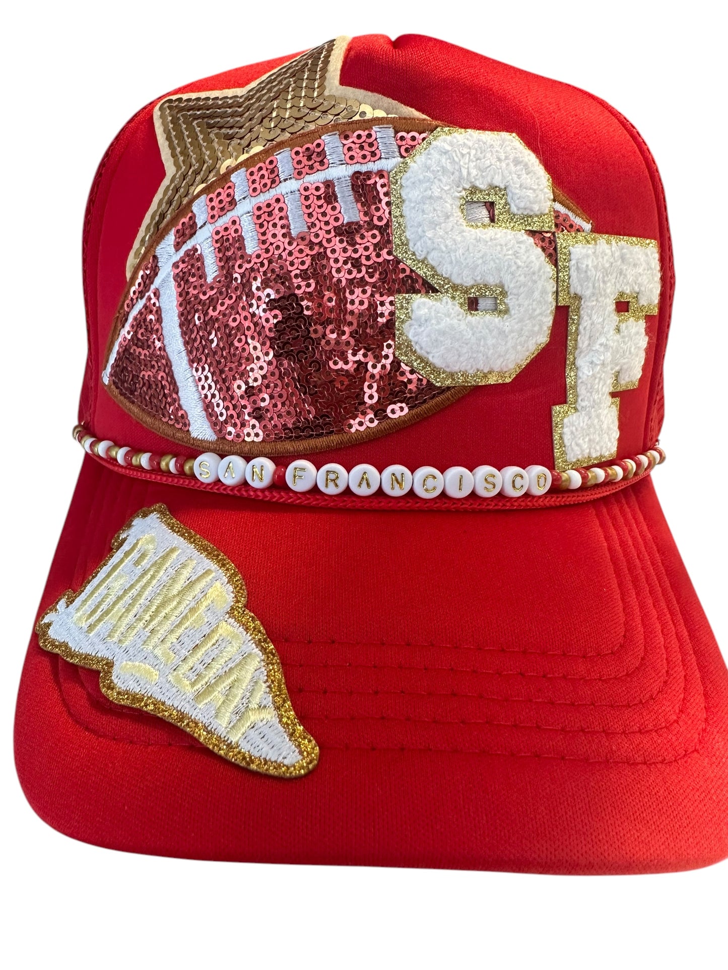 Sequin San Francisco 49ers GameDay Trucker Hat with Beaded Hat Belt