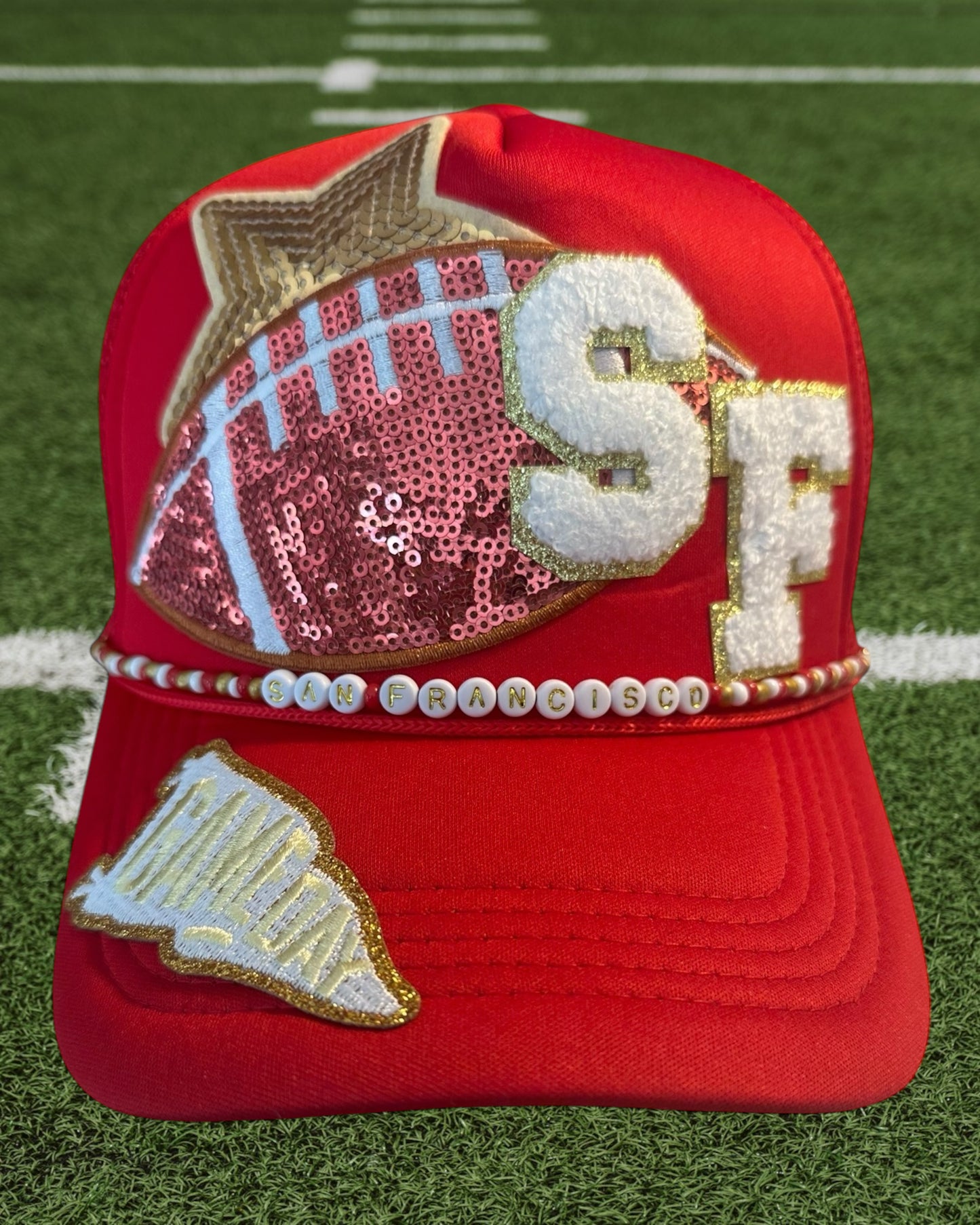 Sequin San Francisco 49ers GameDay Trucker Hat with Beaded Hat Belt