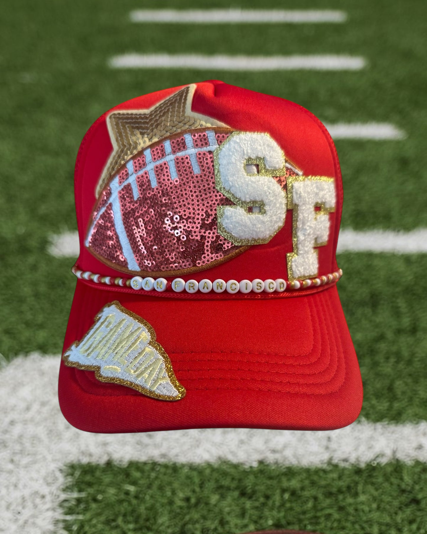 Sequin San Francisco 49ers GameDay Trucker Hat with Beaded Hat Belt