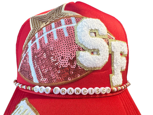 Sequin San Francisco 49ers GameDay Trucker Hat with Beaded Hat Belt