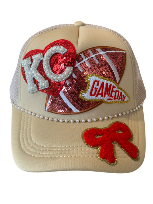 Pearl and Sequin Kansas City Chiefs GameDay Trucker Hat with Pearl Chain Hat Belt