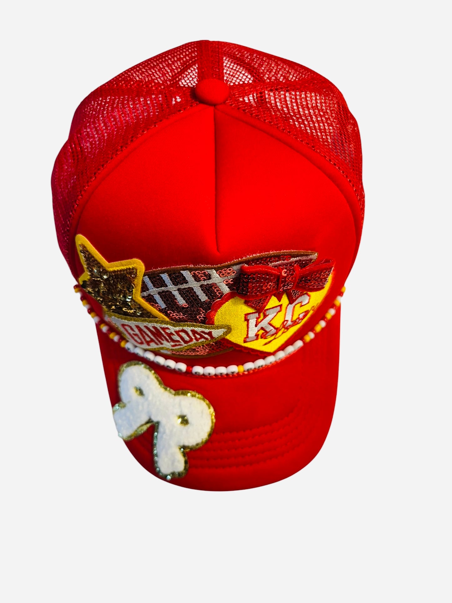 Cutesy Kansas City Chiefs GameDay Trucker Hat with Beaded Hat Belt