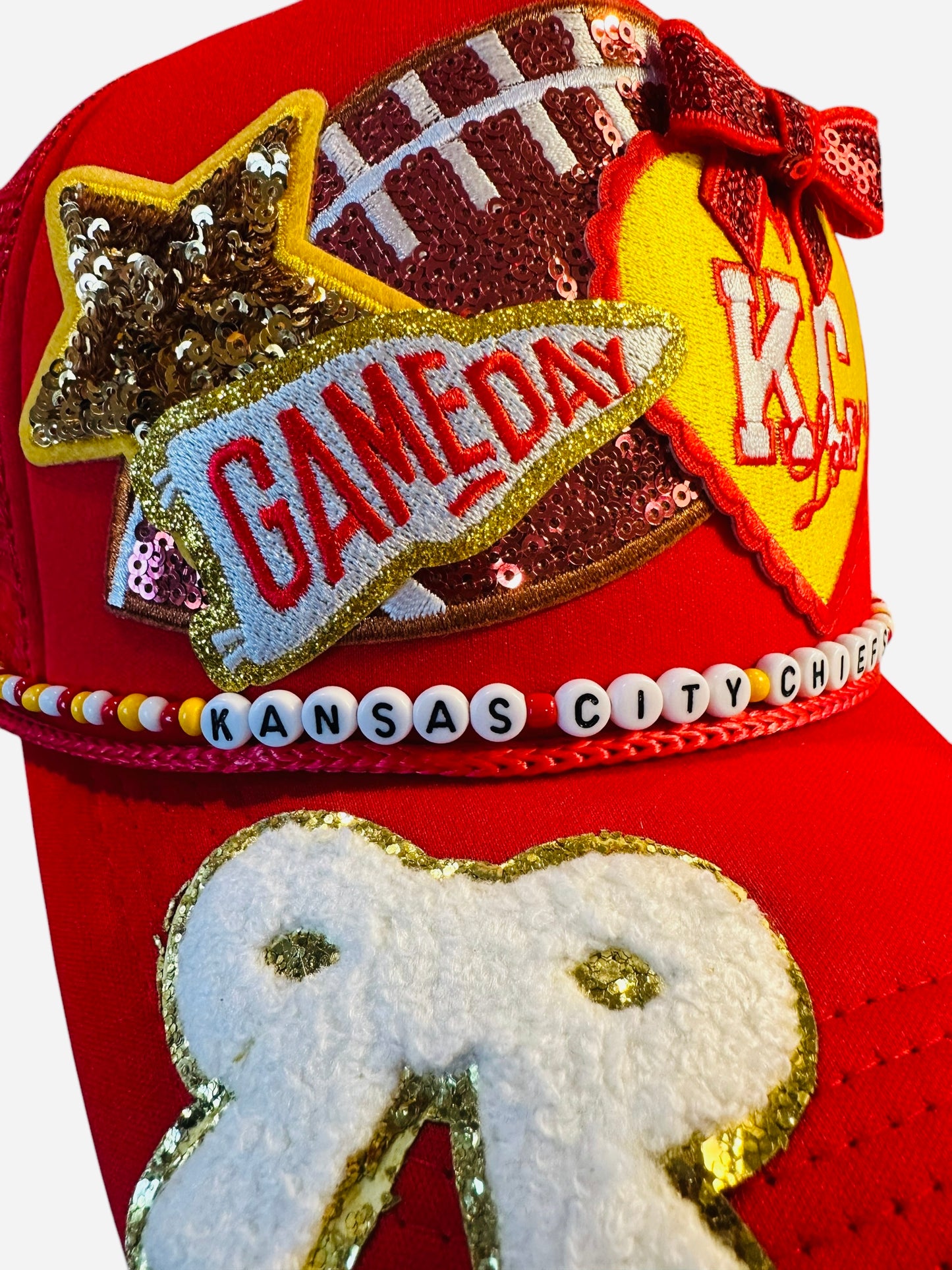 Cutesy Kansas City Chiefs GameDay Trucker Hat with Beaded Hat Belt