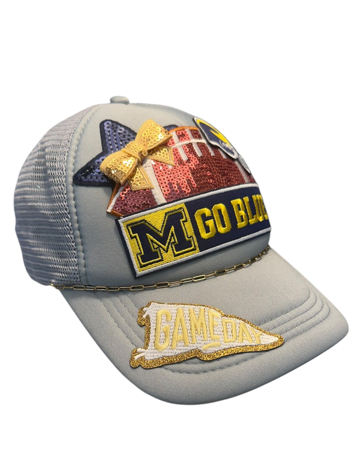 Sequin University of Michigan GameDay Trucker Hat with Gold Hat Chain