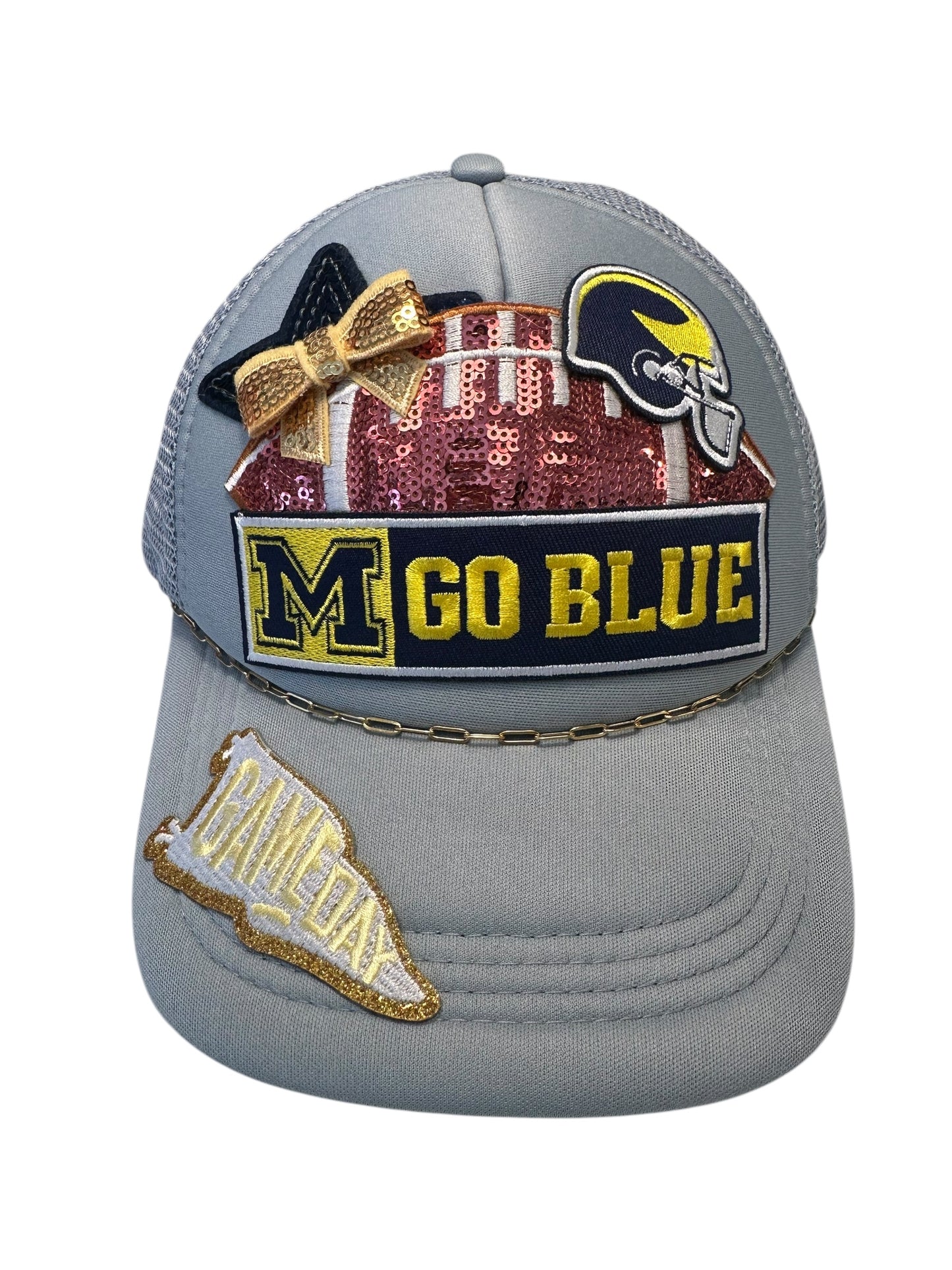 Sequin University of Michigan GameDay Trucker Hat with Gold Hat Chain