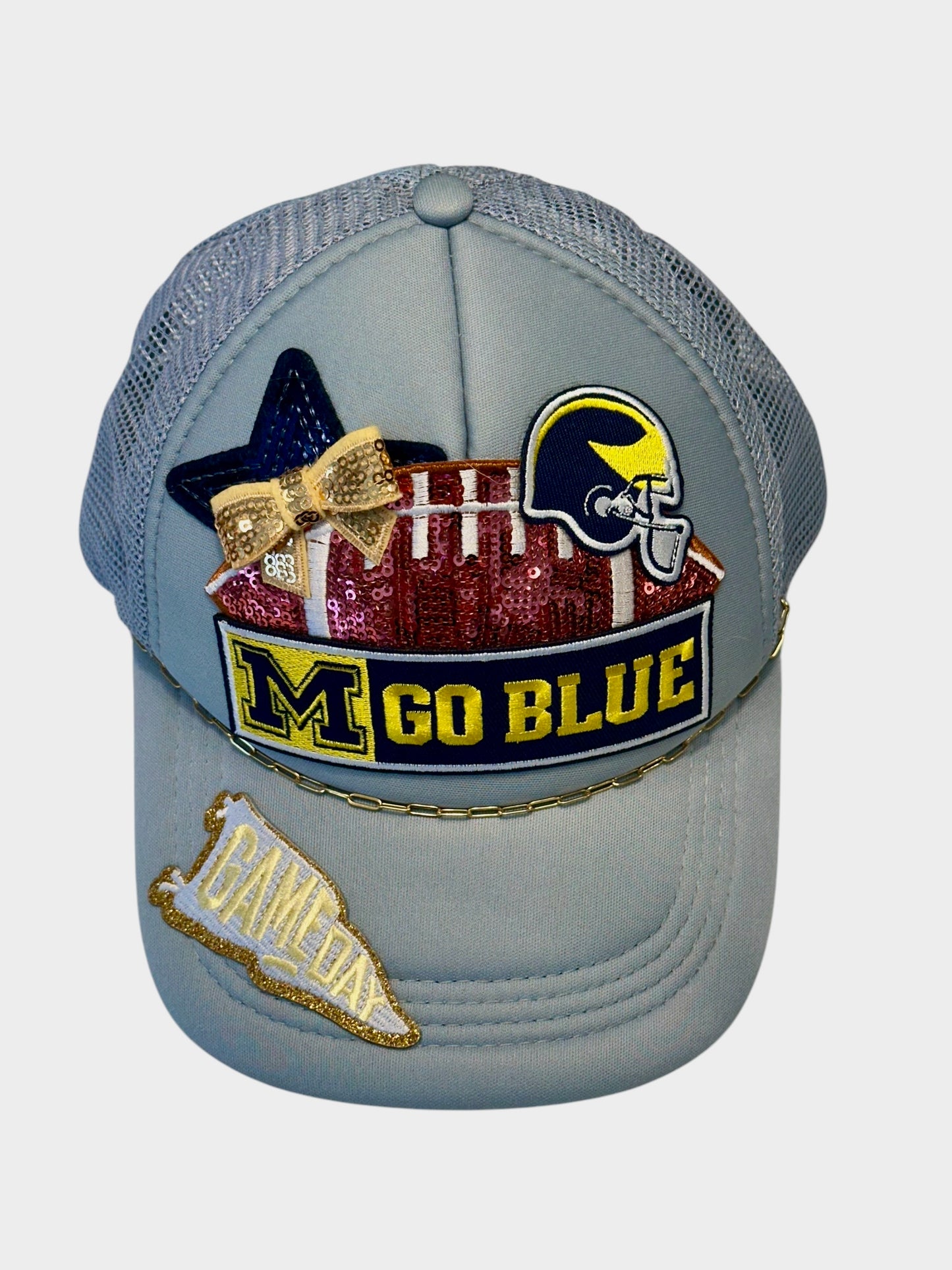 Sequin University of Michigan GameDay Trucker Hat with Gold Hat Chain