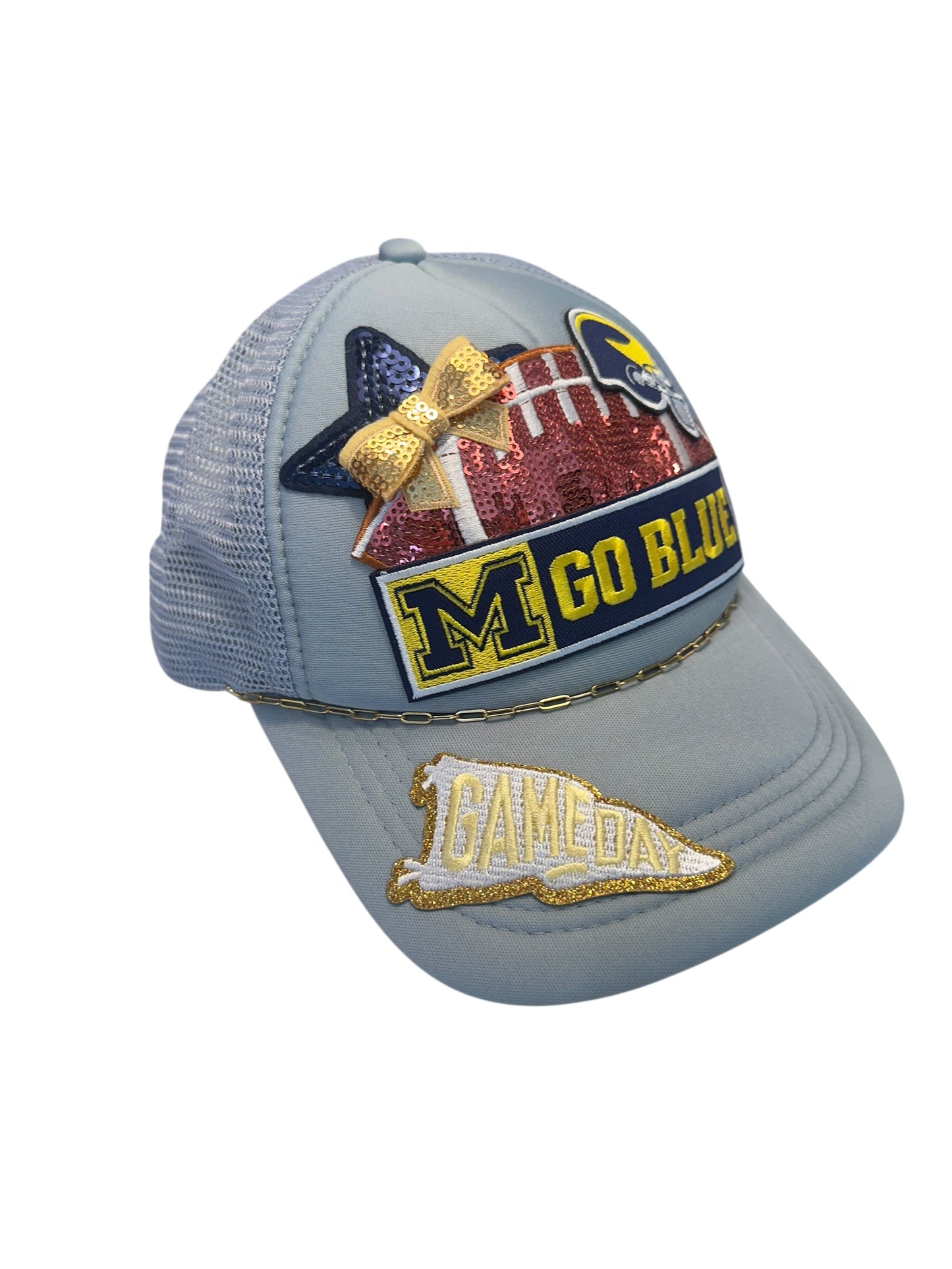 Sequin University of Michigan GameDay Trucker Hat with Gold Hat Chain