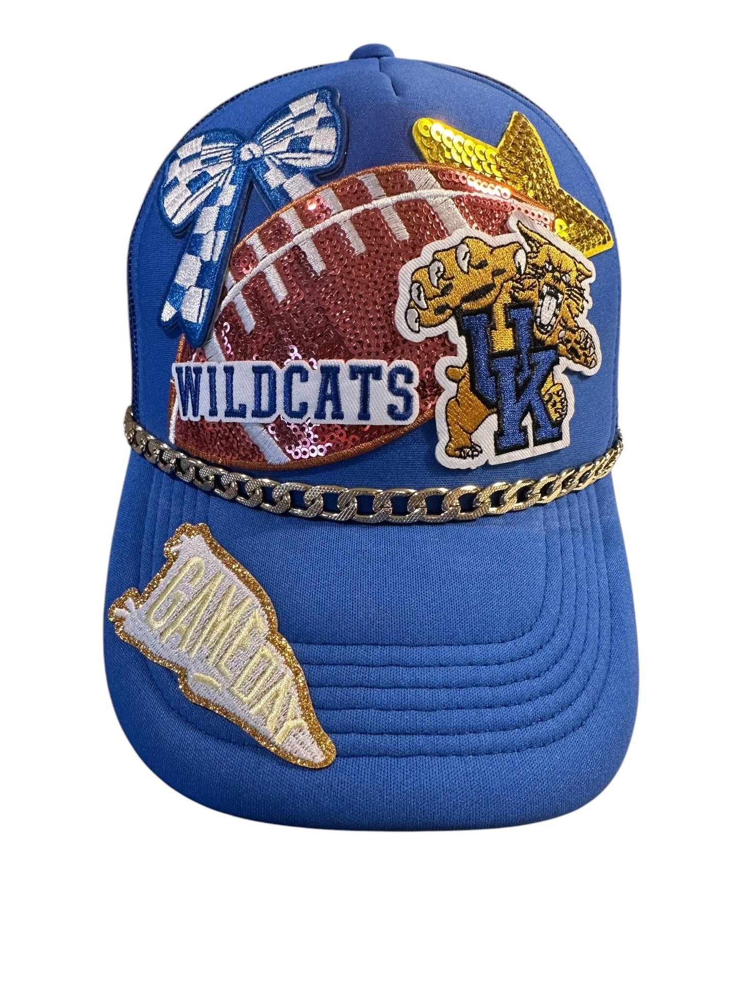 Sequin University of Kentucky Wildcats Football GameDay Trucker Hat with Gold Chain Hat Belt