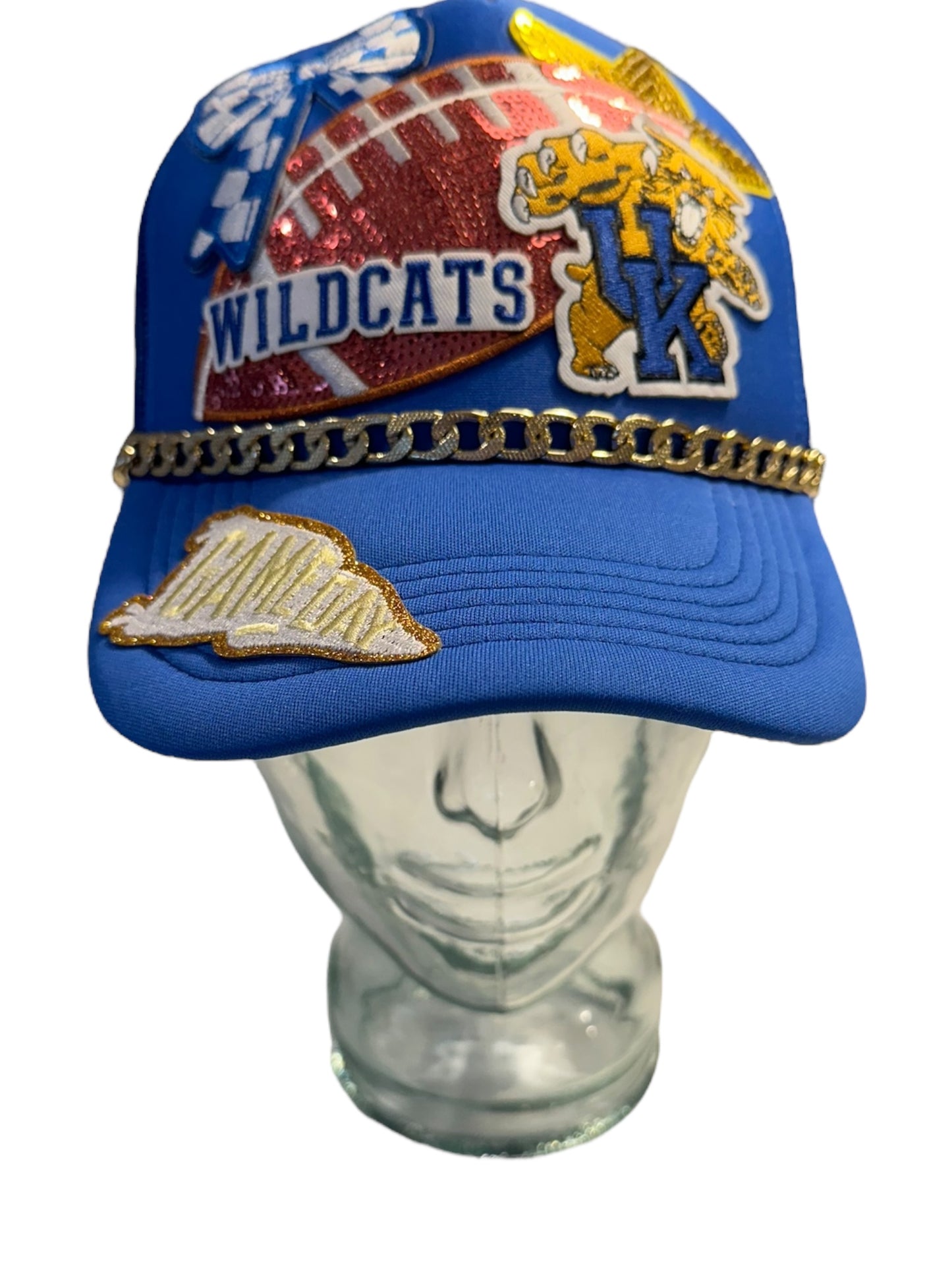 Sequin University of Kentucky Wildcats Football GameDay Trucker Hat with Gold Chain Hat Belt