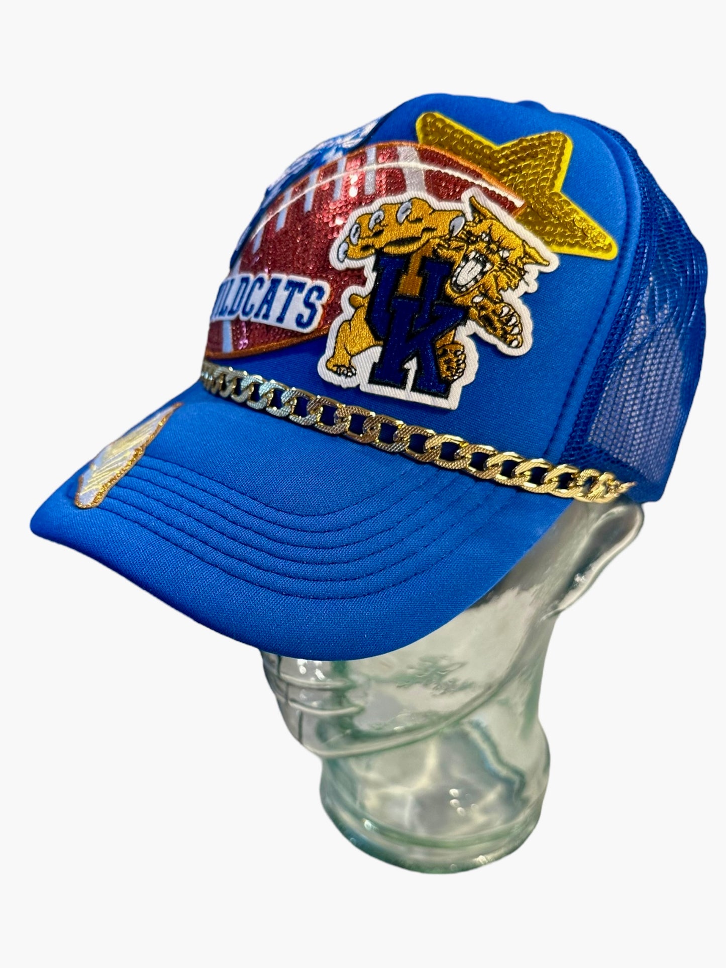 Sequin University of Kentucky Wildcats Football GameDay Trucker Hat with Gold Chain Hat Belt