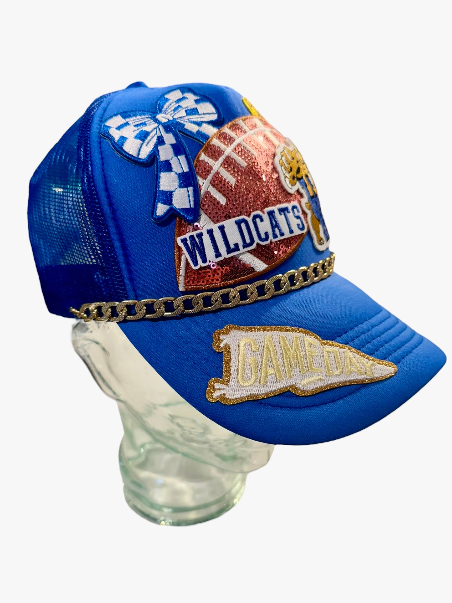 Sequin University of Kentucky Wildcats Football GameDay Trucker Hat with Gold Chain Hat Belt