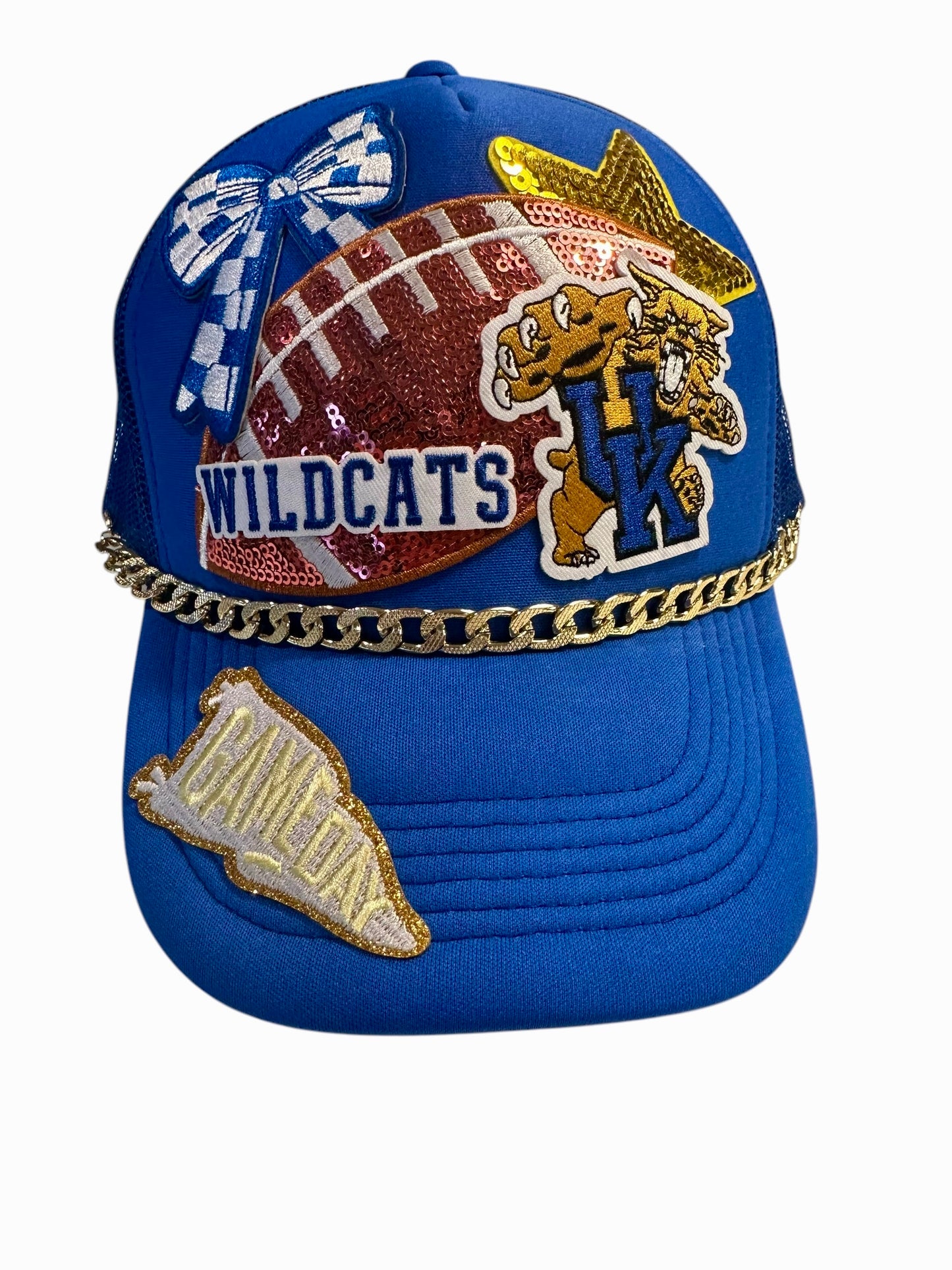 Sequin University of Kentucky Wildcats Football GameDay Trucker Hat with Gold Chain Hat Belt