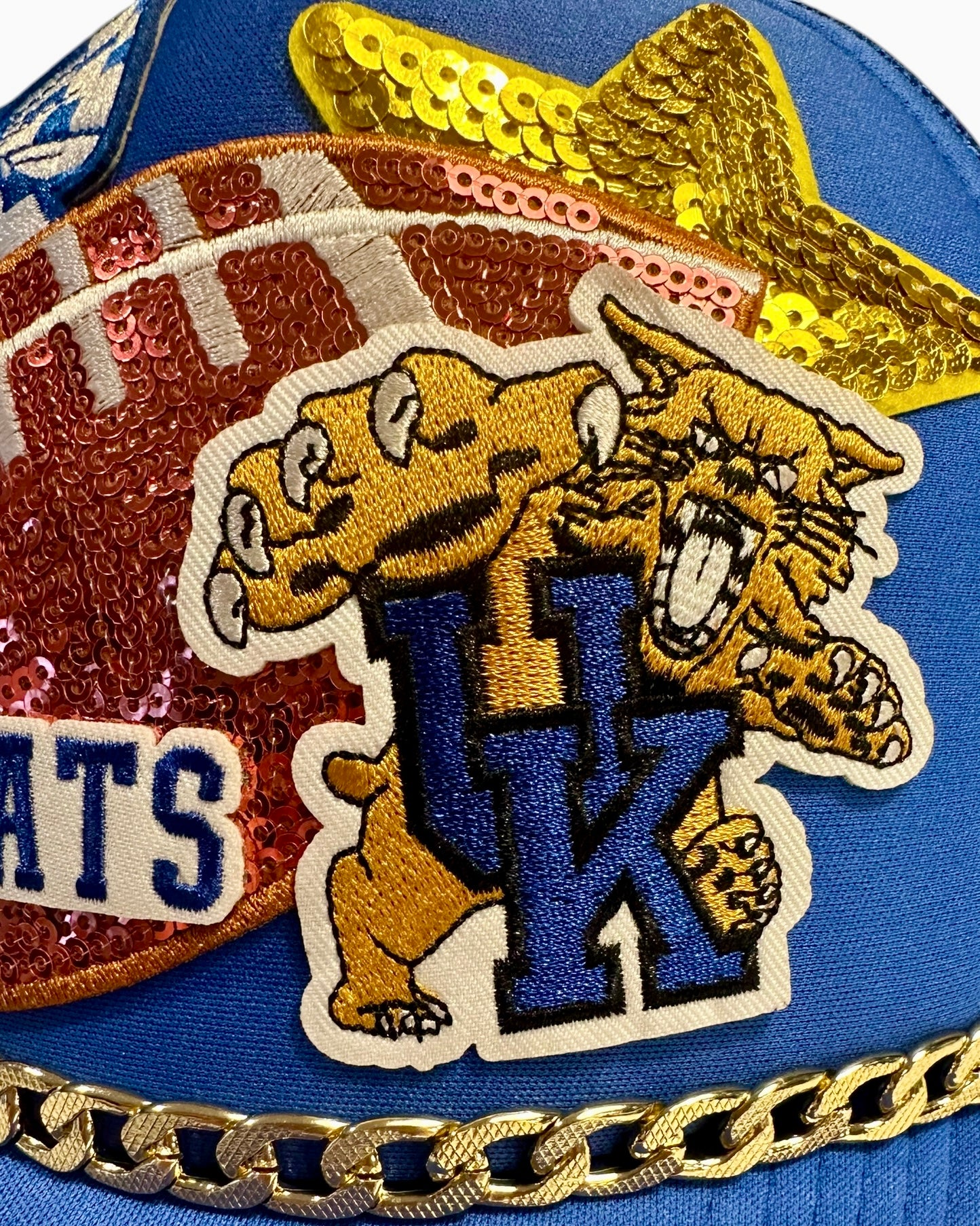 Sequin University of Kentucky Wildcats Football GameDay Trucker Hat with Gold Chain Hat Belt