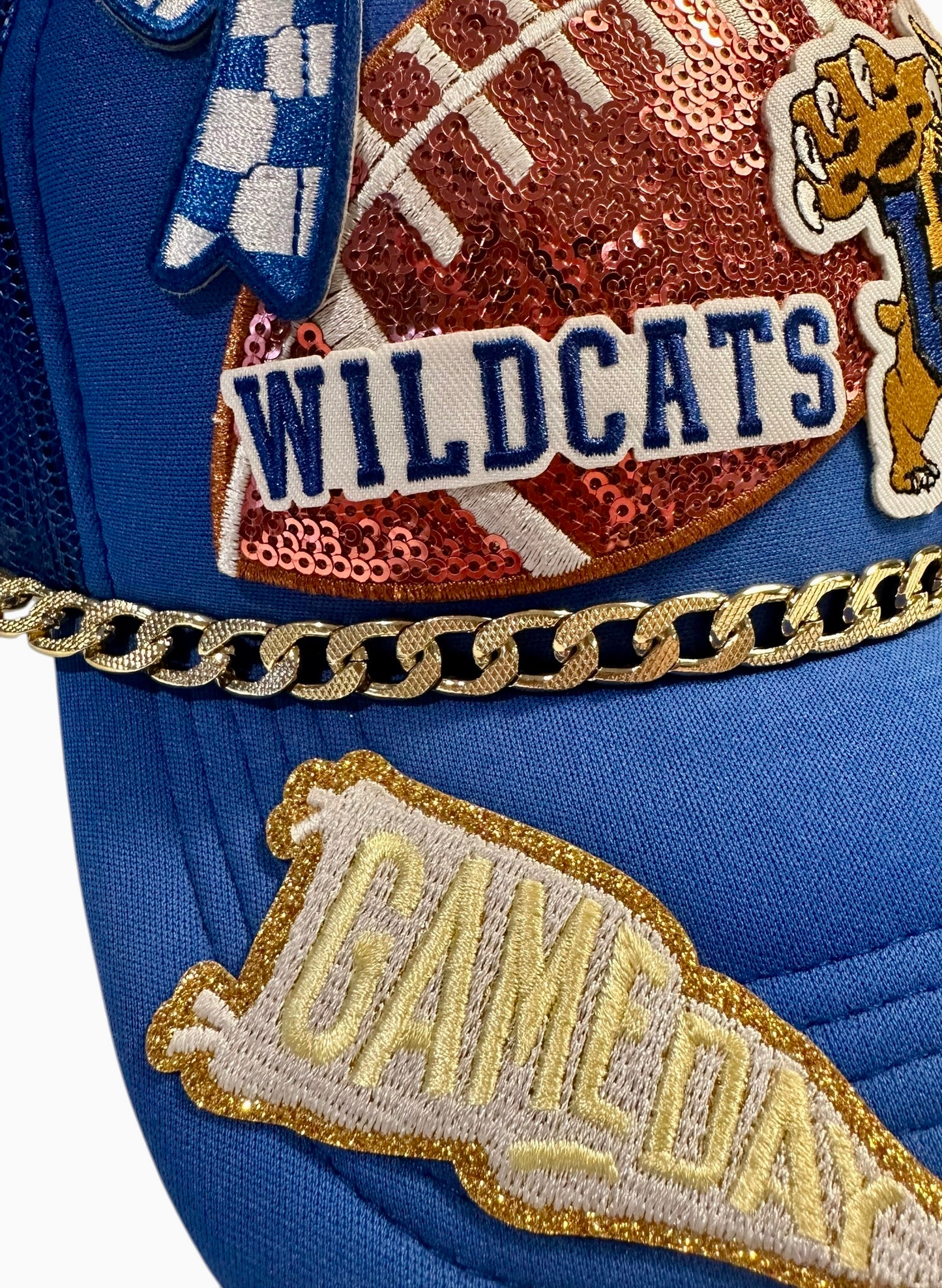 Sequin University of Kentucky Wildcats Football GameDay Trucker Hat with Gold Chain Hat Belt