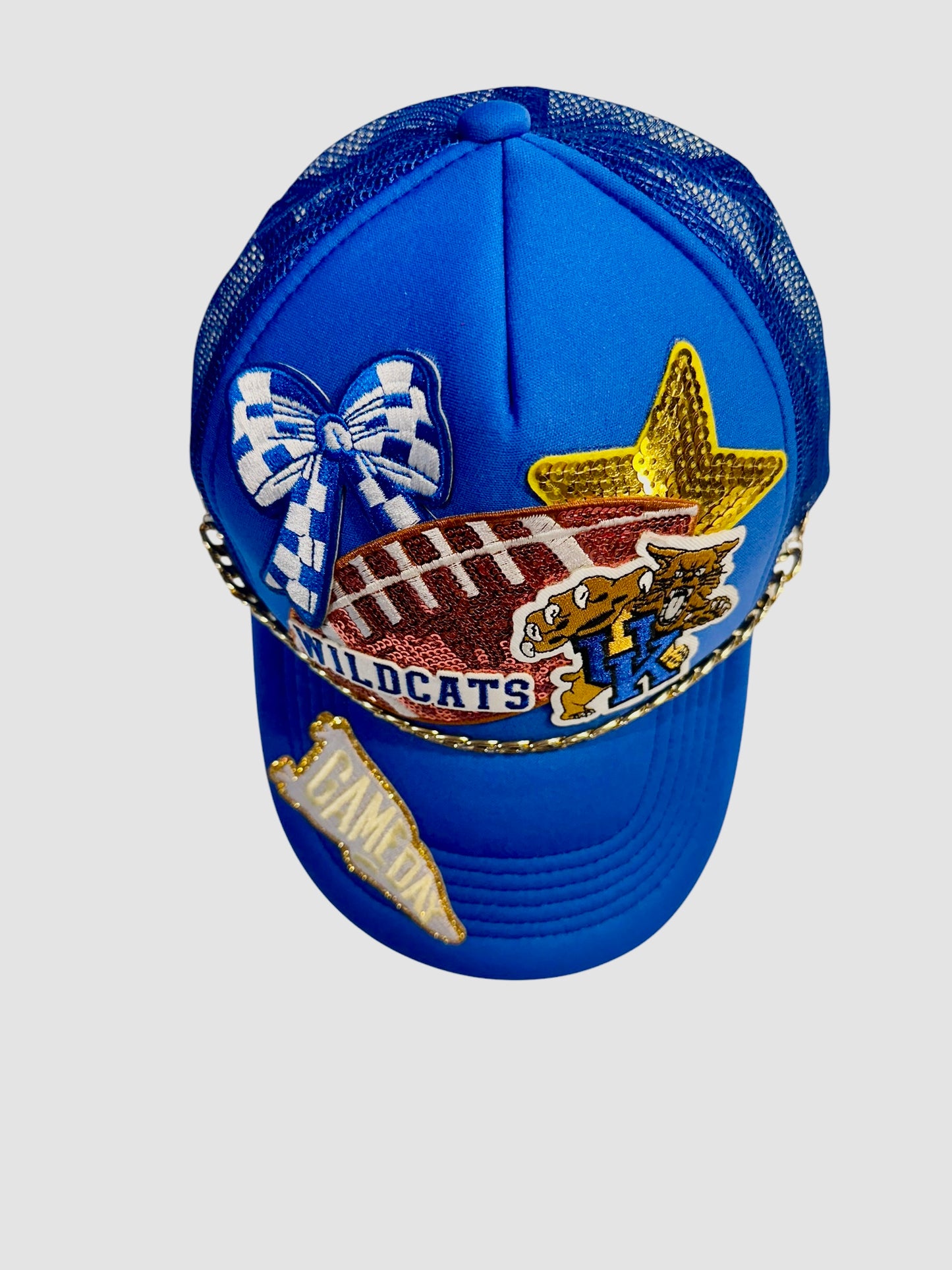 Sequin University of Kentucky Wildcats Football GameDay Trucker Hat with Gold Chain Hat Belt