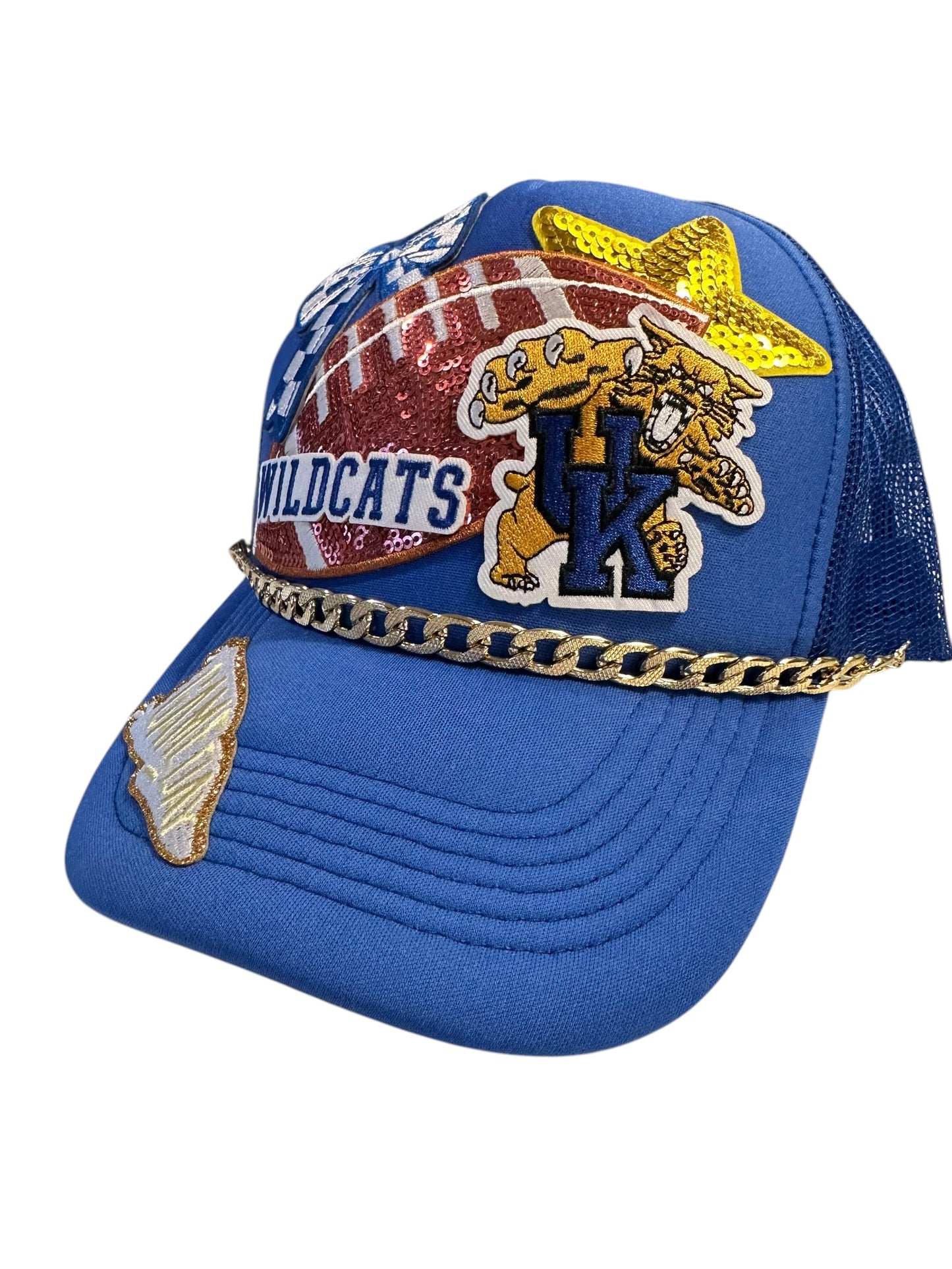 Sequin University of Kentucky Wildcats Football GameDay Trucker Hat with Gold Chain Hat Belt