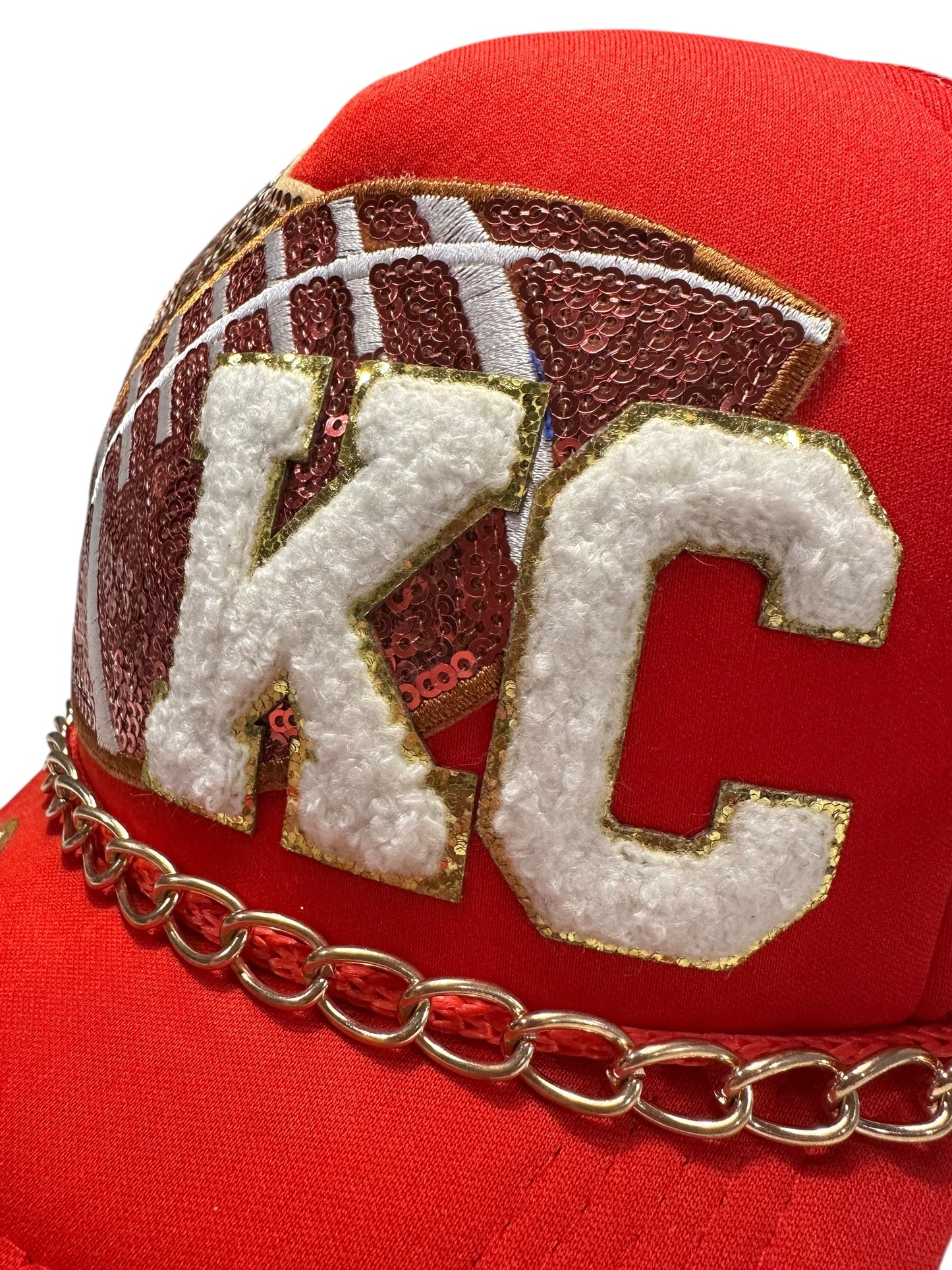 Sequin Kansas City Chiefs GameDay Trucker hat with Gold Chain Hat Belt