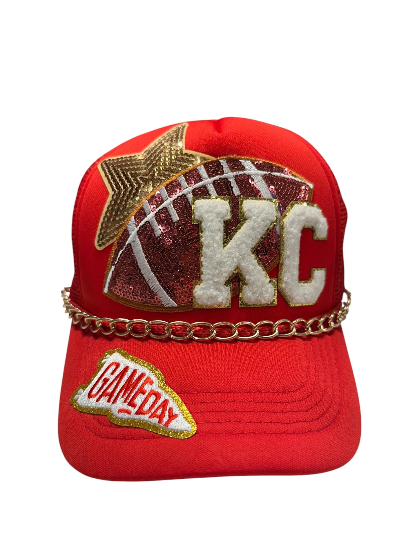 Sequin Kansas City Chiefs GameDay Trucker hat with Gold Chain Hat Belt