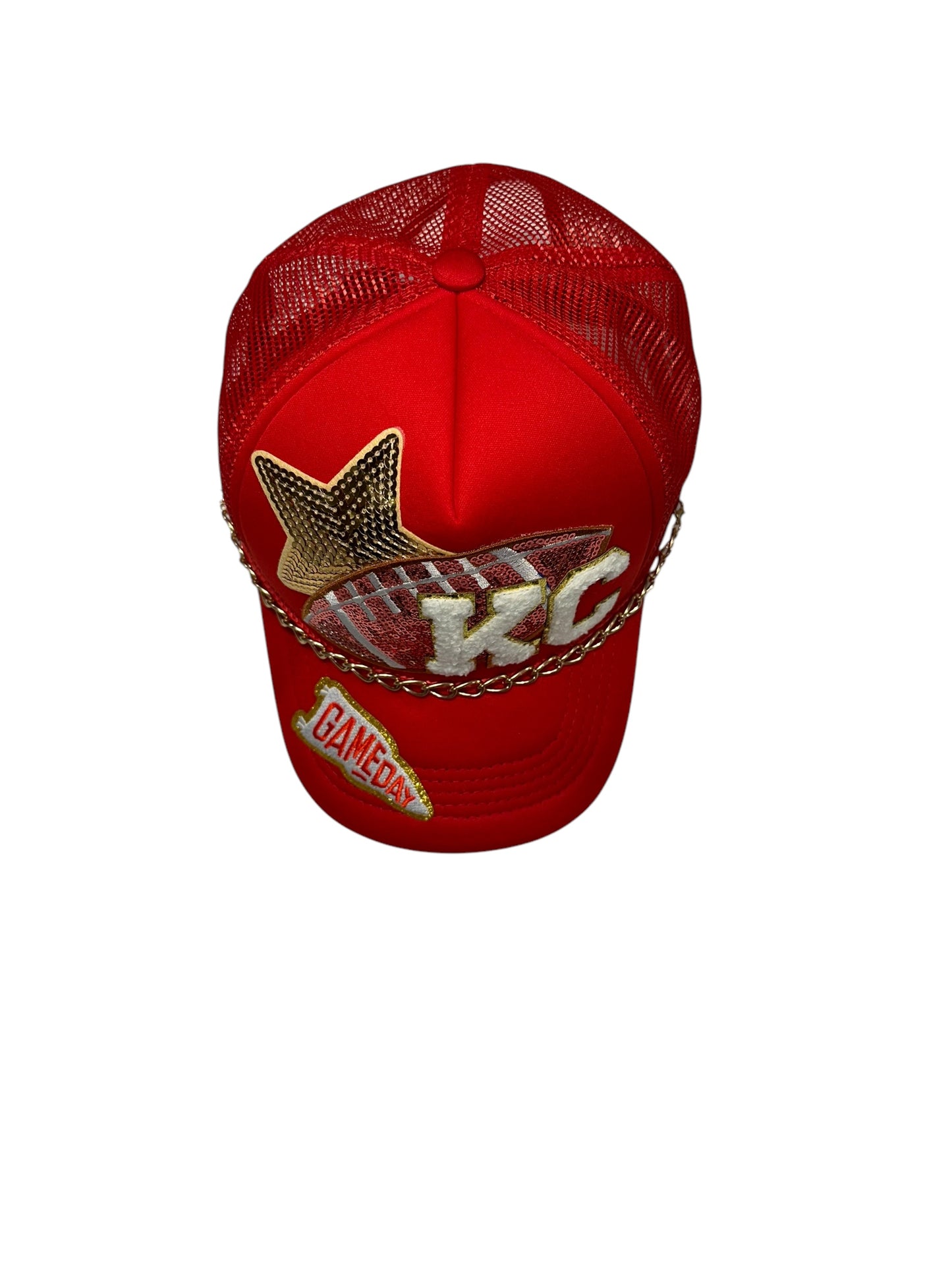 Sequin Kansas City Chiefs GameDay Trucker hat with Gold Chain Hat Belt