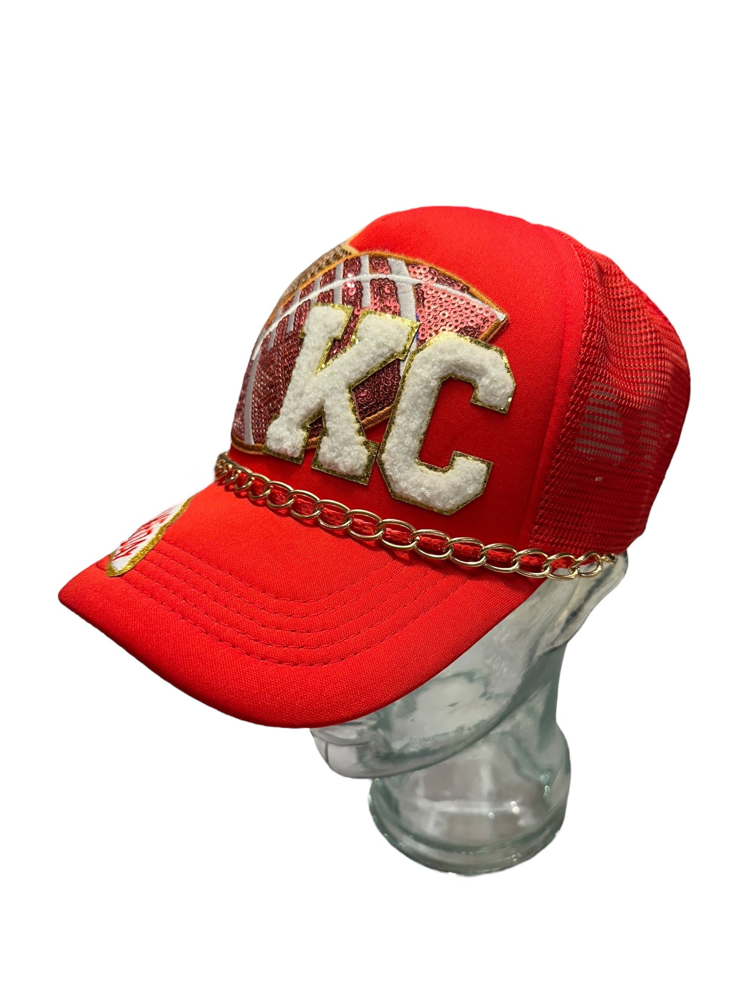 Sequin Kansas City Chiefs GameDay Trucker hat with Gold Chain Hat Belt