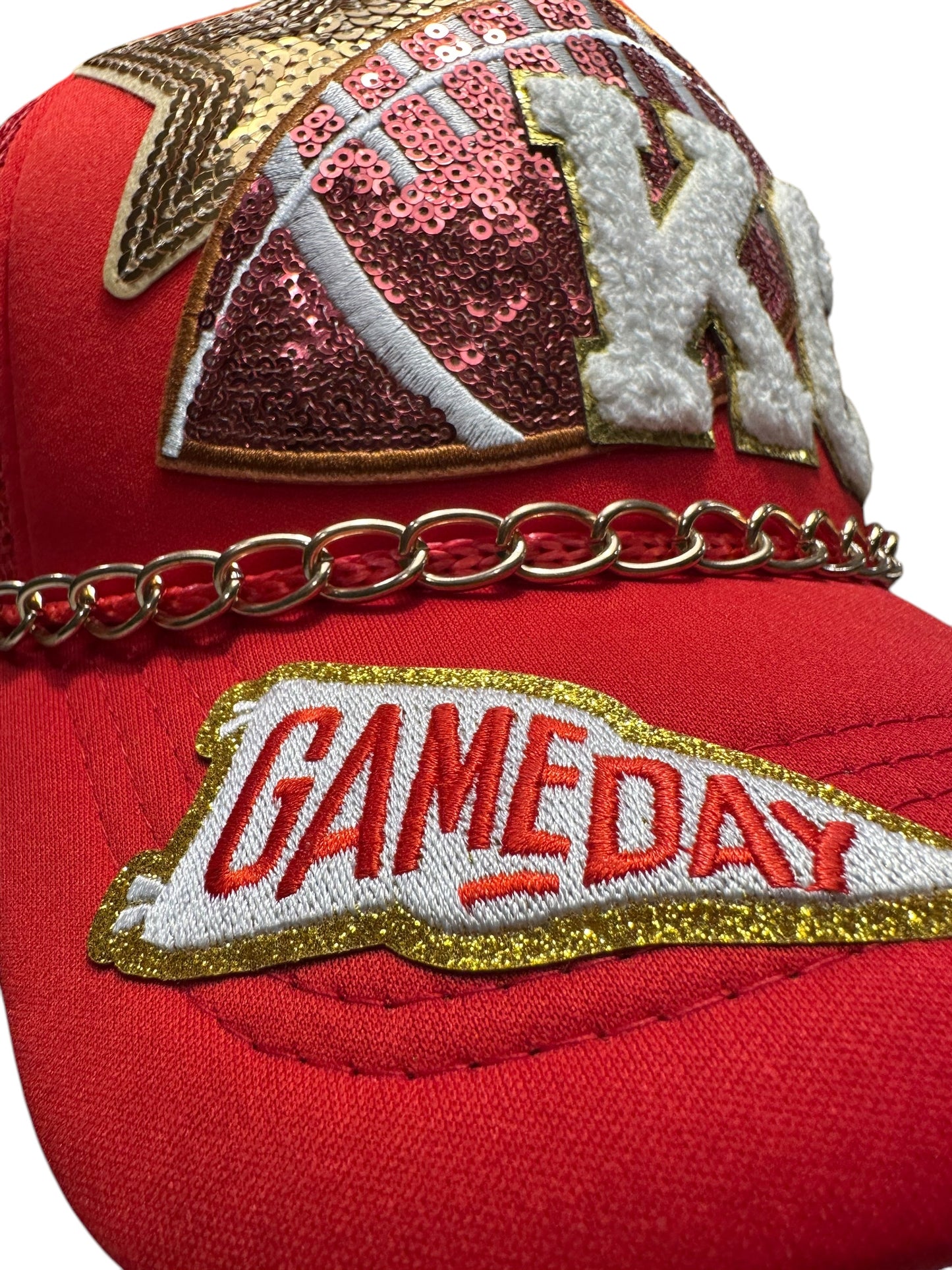 Sequin Kansas City Chiefs GameDay Trucker hat with Gold Chain Hat Belt