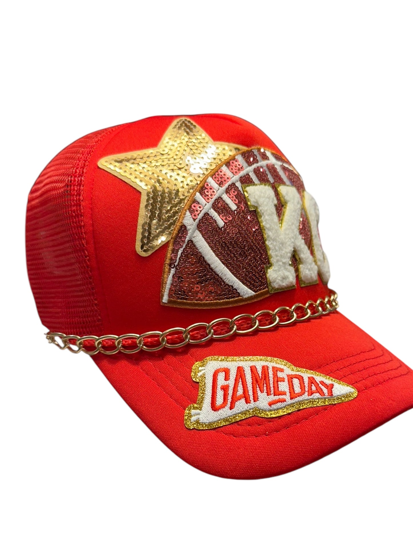 Sequin Kansas City Chiefs GameDay Trucker hat with Gold Chain Hat Belt