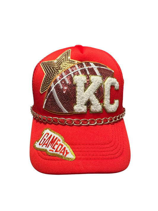 Sequin Kansas City Chiefs GameDay Trucker hat with Gold Chain Hat Belt