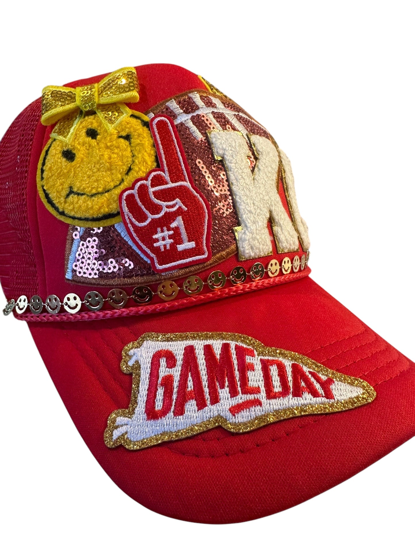 Y2K Kansas City Chiefs GameDay Trucker Hat with Happy Face Gold Chain Hat Belt