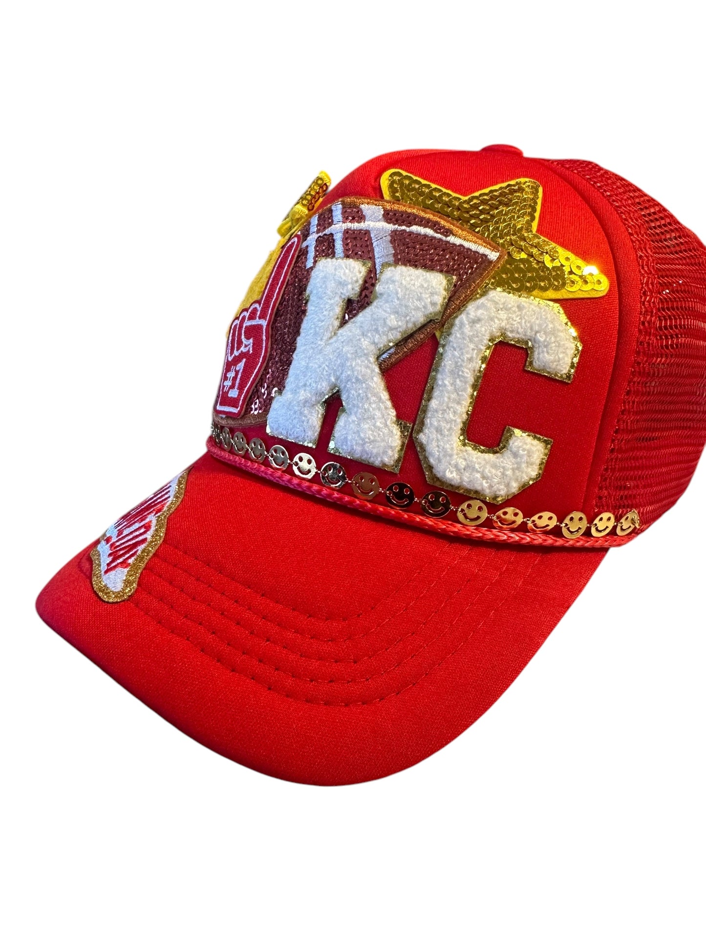 Y2K Kansas City Chiefs GameDay Trucker Hat with Happy Face Gold Chain Hat Belt