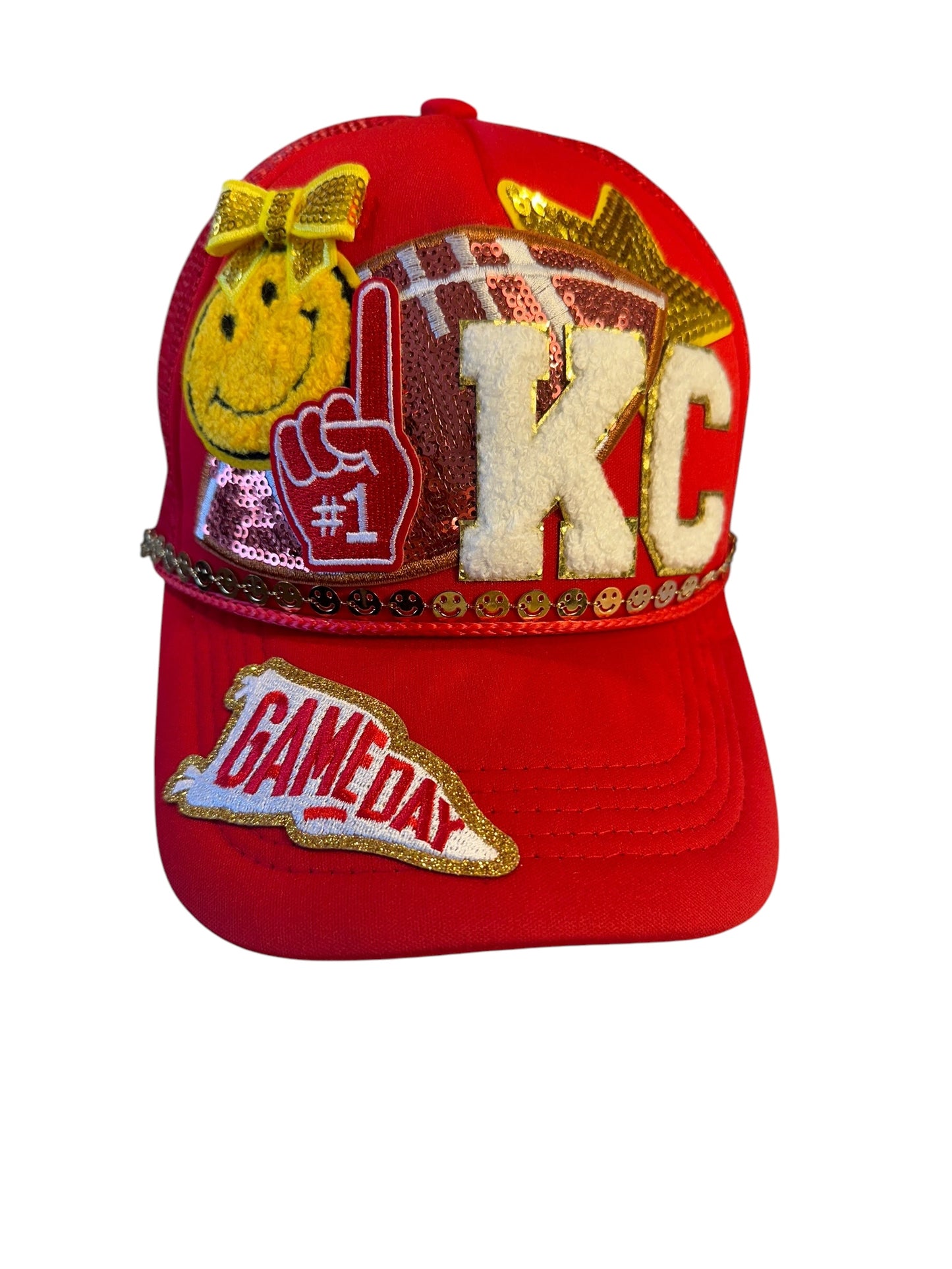 Y2K Kansas City Chiefs GameDay Trucker Hat with Happy Face Gold Chain Hat Belt