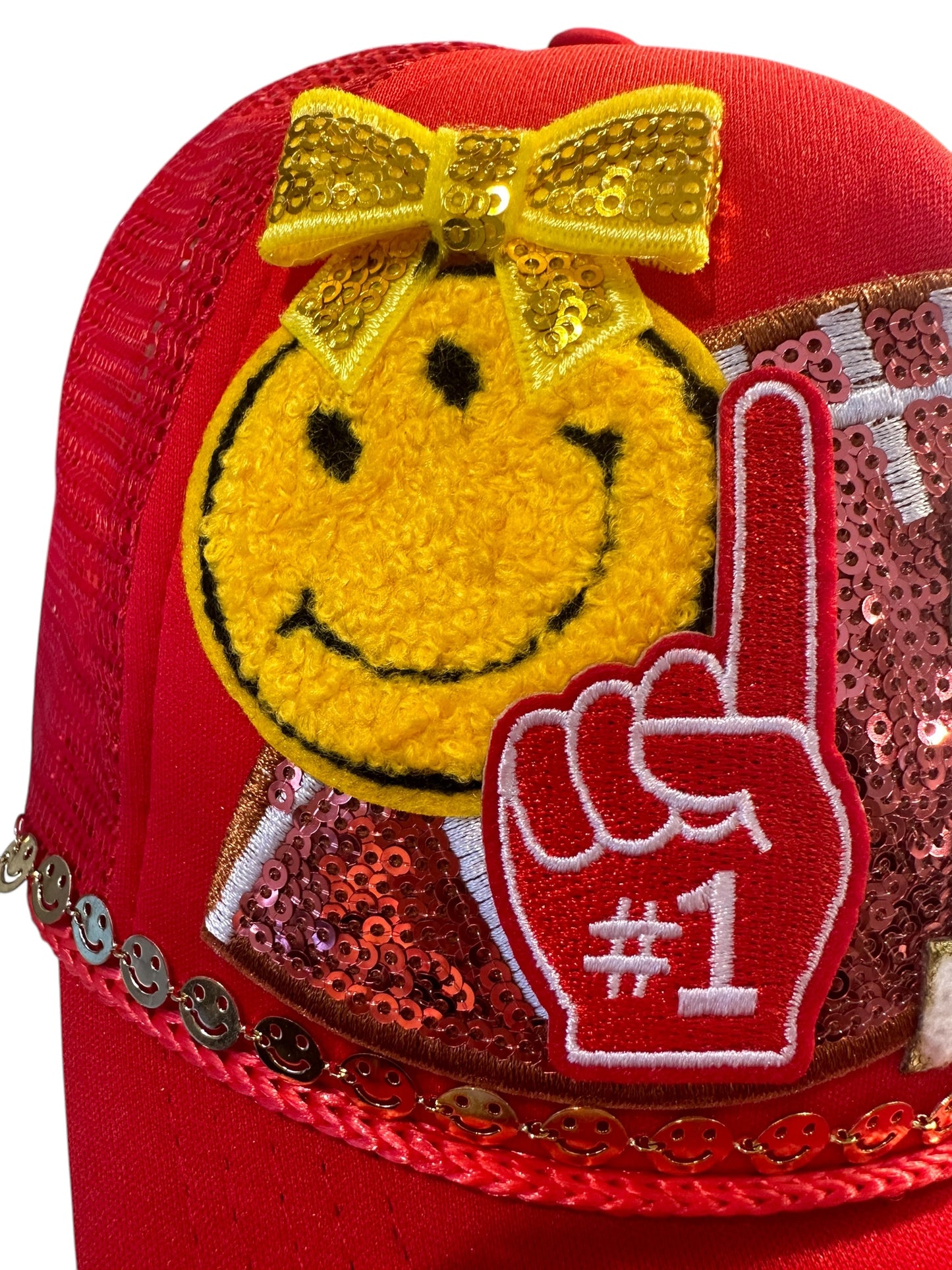 Y2K Kansas City Chiefs GameDay Trucker Hat with Happy Face Gold Chain Hat Belt