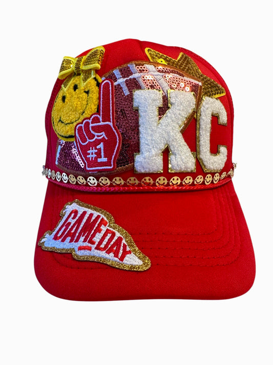 Y2K Kansas City Chiefs GameDay Trucker Hat with Happy Face Gold Chain Hat Belt