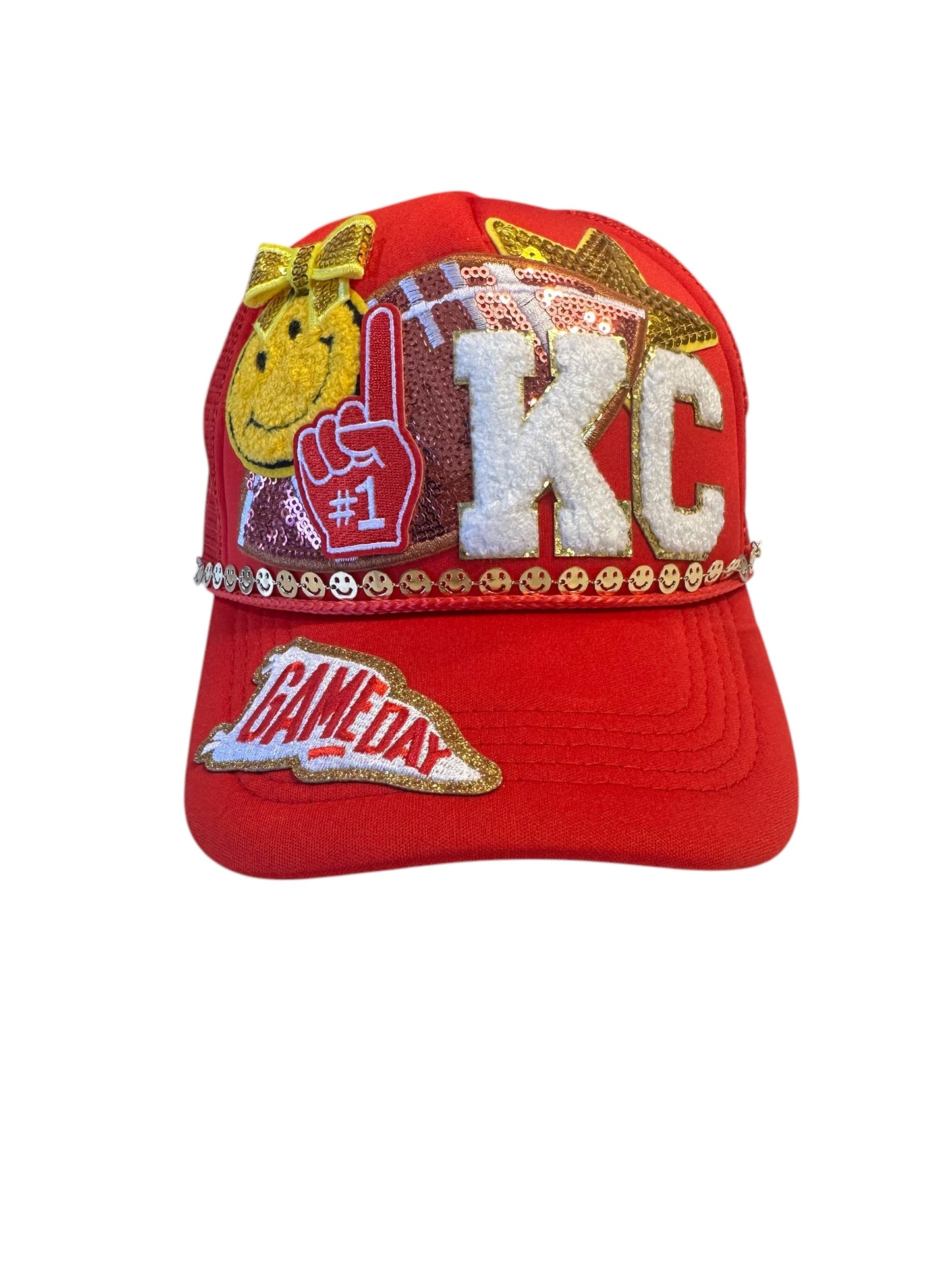 Y2K Kansas City Chiefs GameDay Trucker Hat with Happy Face Gold Chain Hat Belt